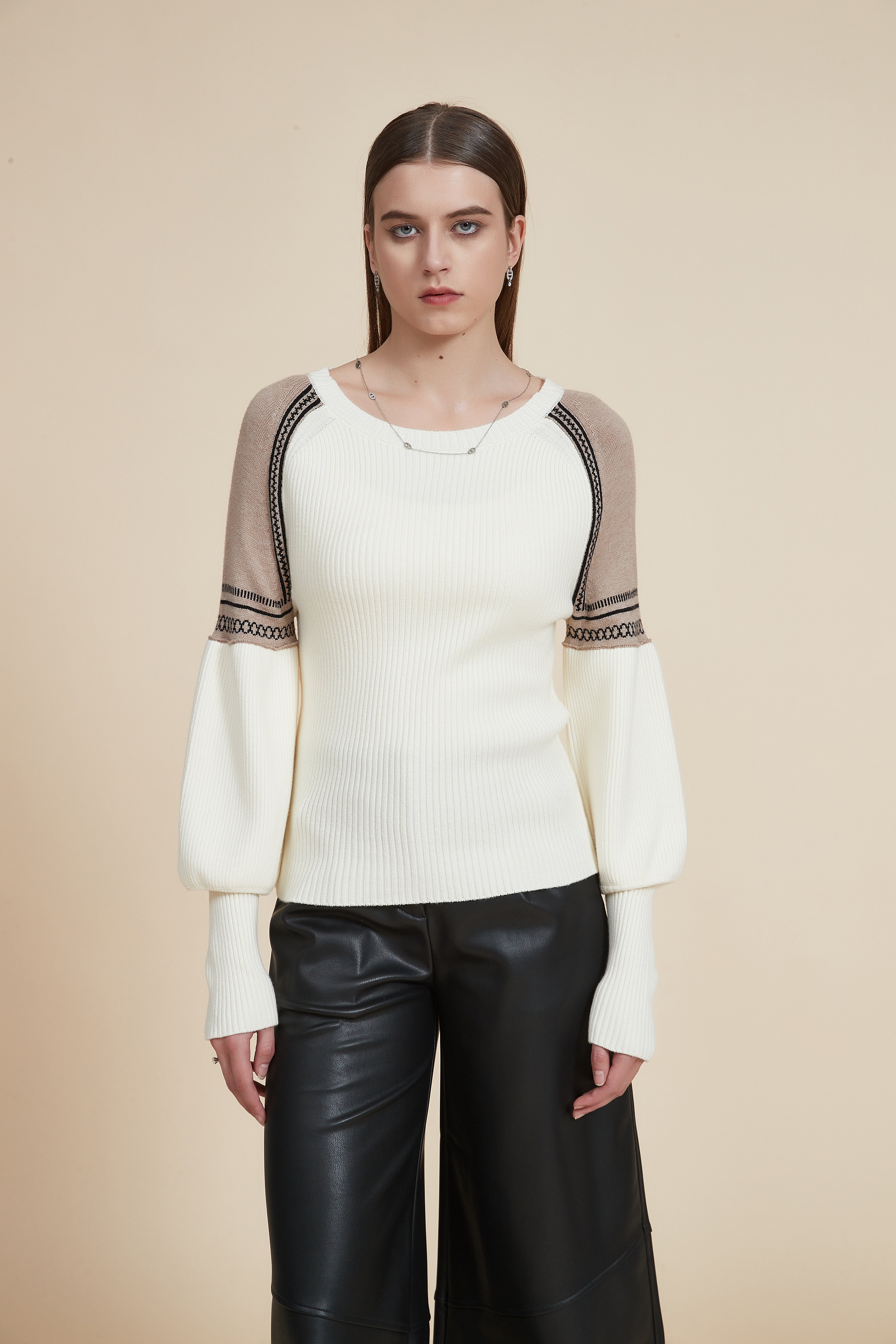 Ribbed long-sleeve puff T-shirt