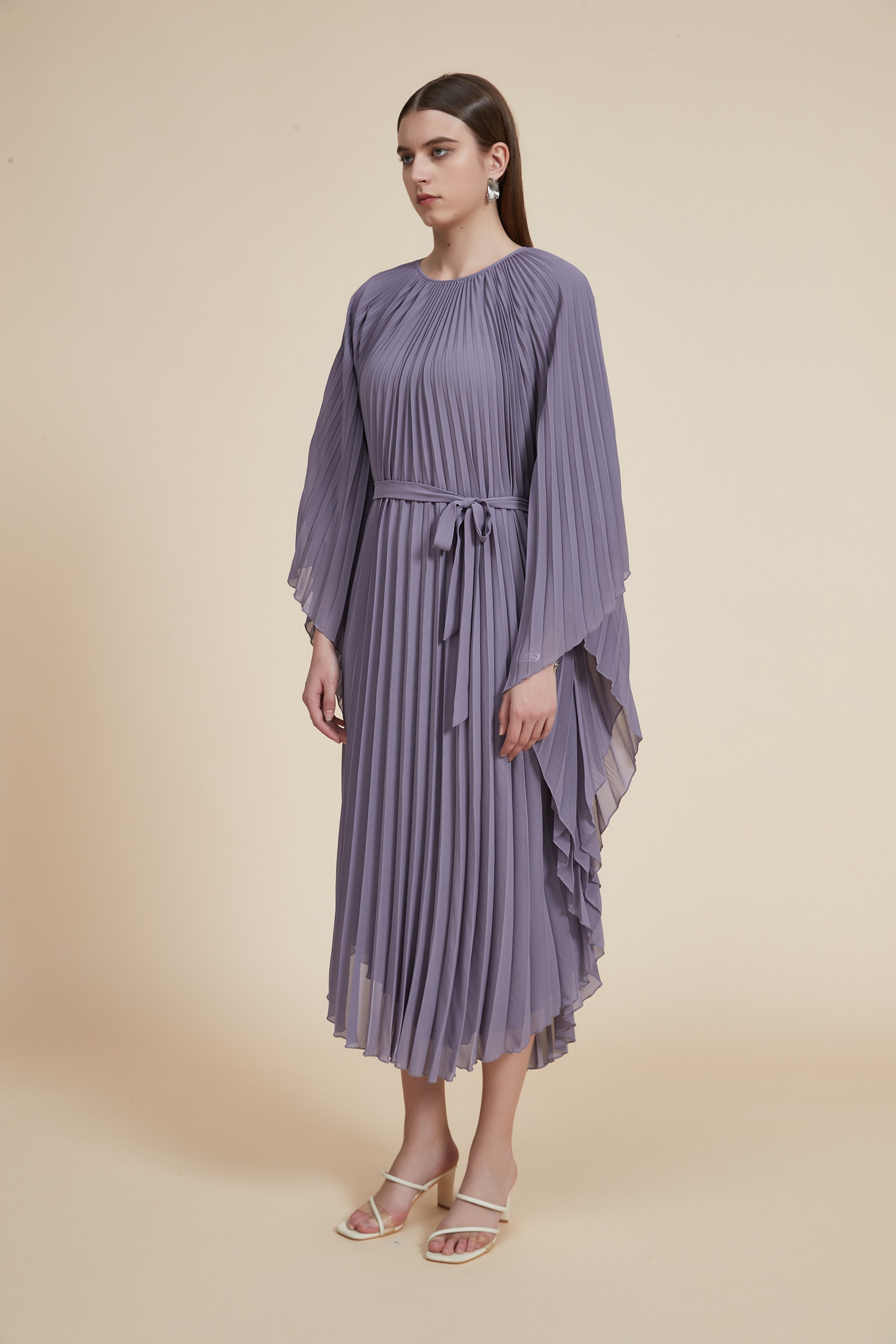 Plain Midi Dress with Pleats, Butterfly Sleeves