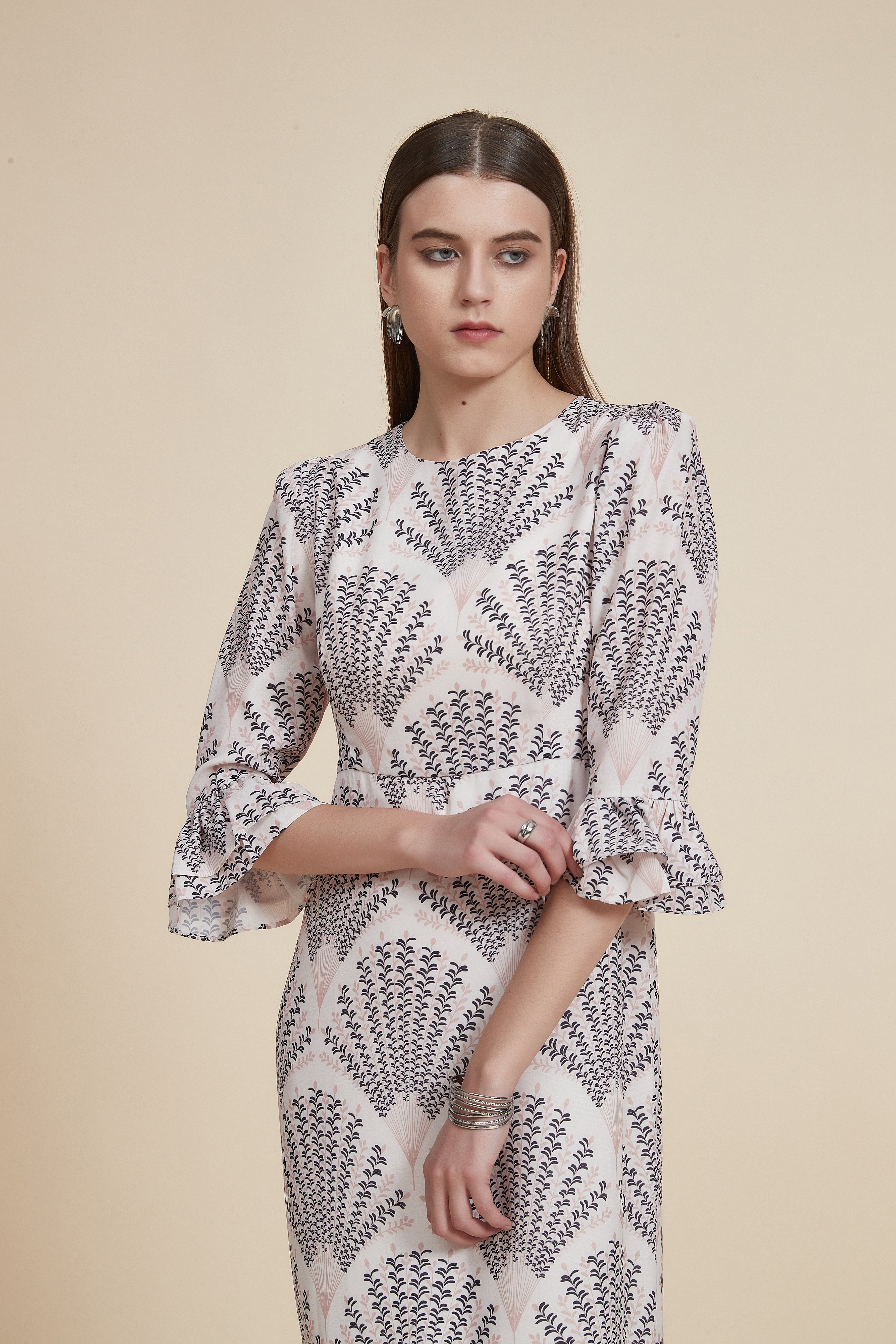 Midi Dress with 3/4 Sleeves and Round Neck