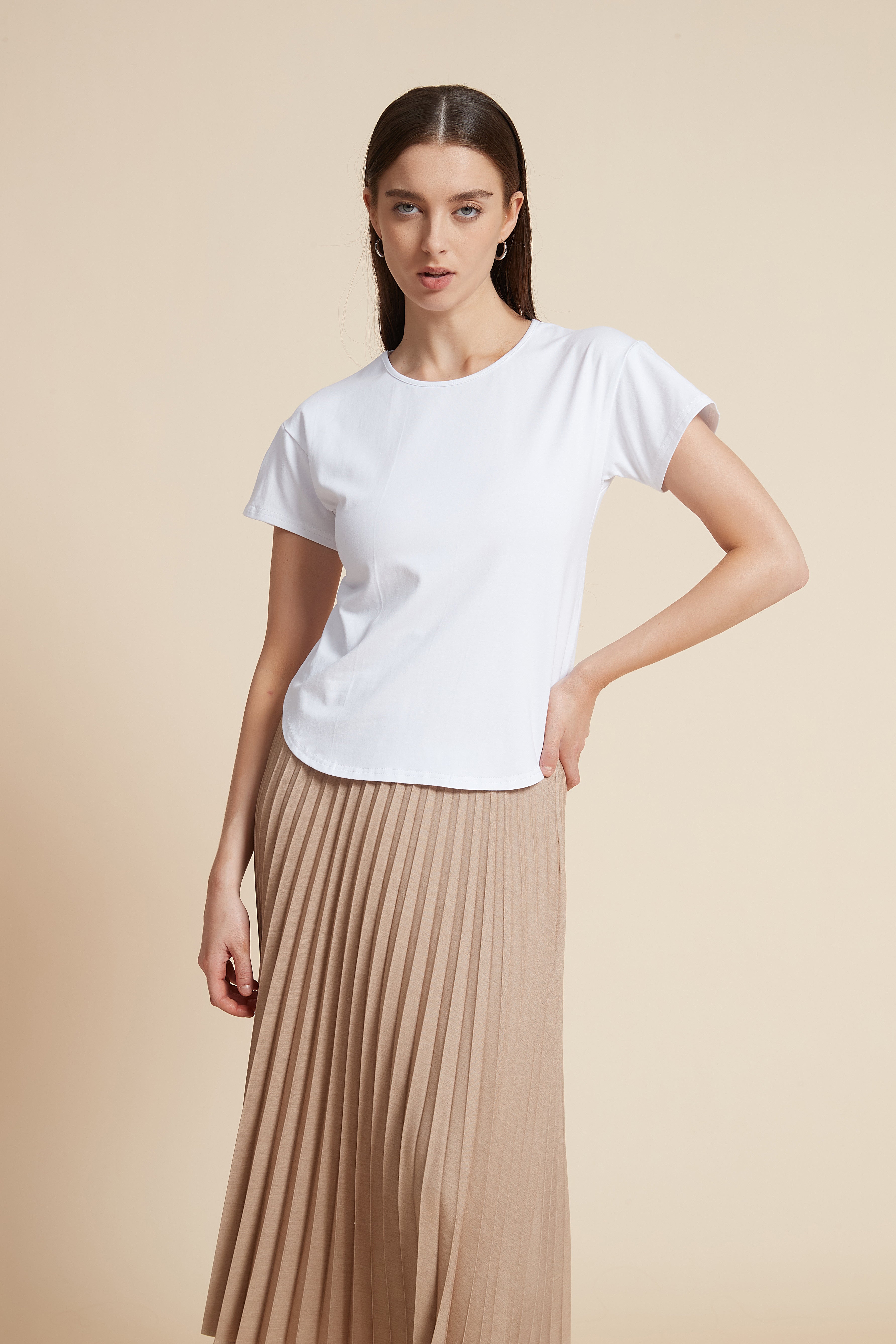 Solid Short Sleeve Blouse with Round Neck