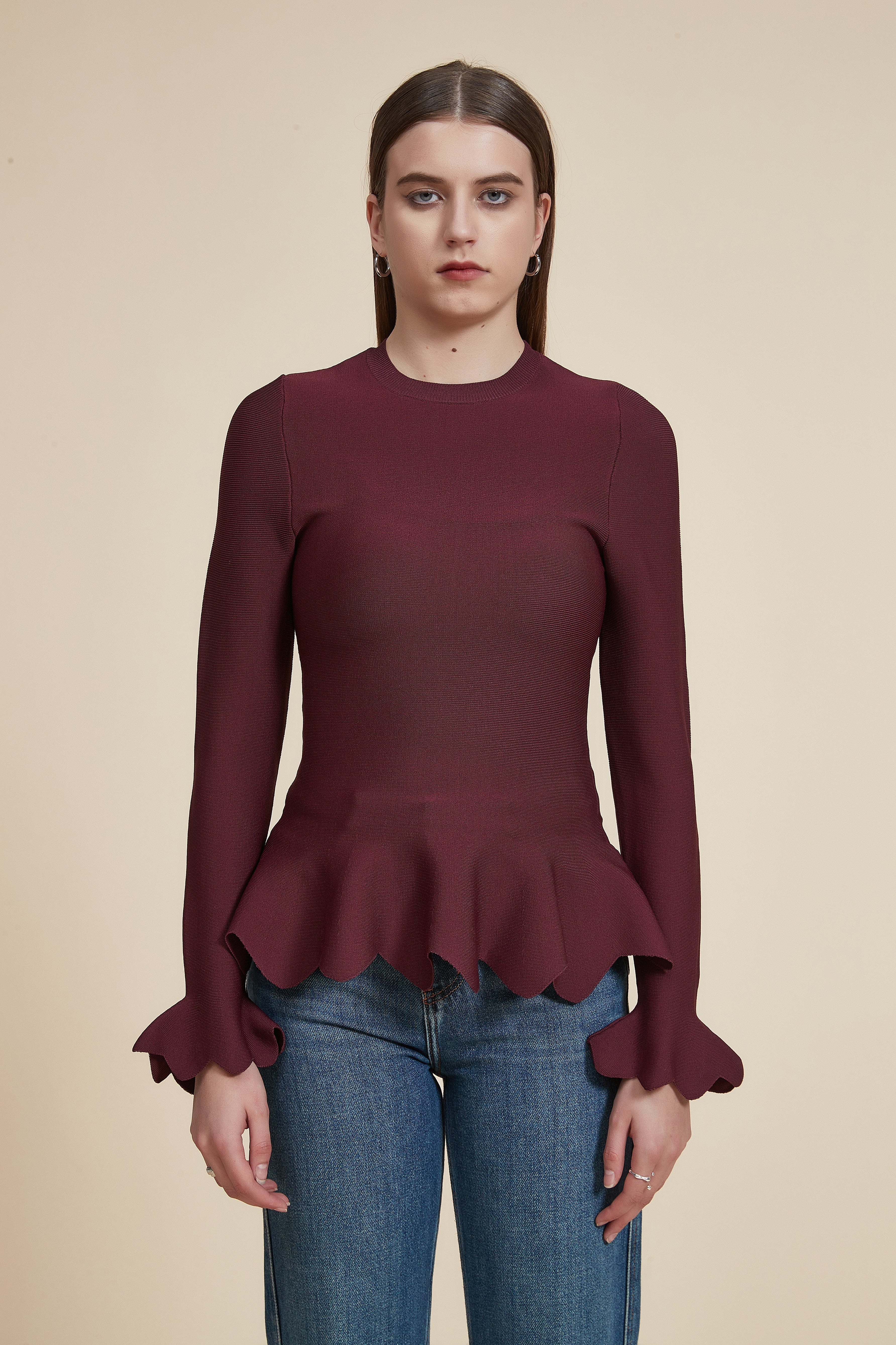 Long Ruffled Hem Blouse with Long Sleeves and Round Neck