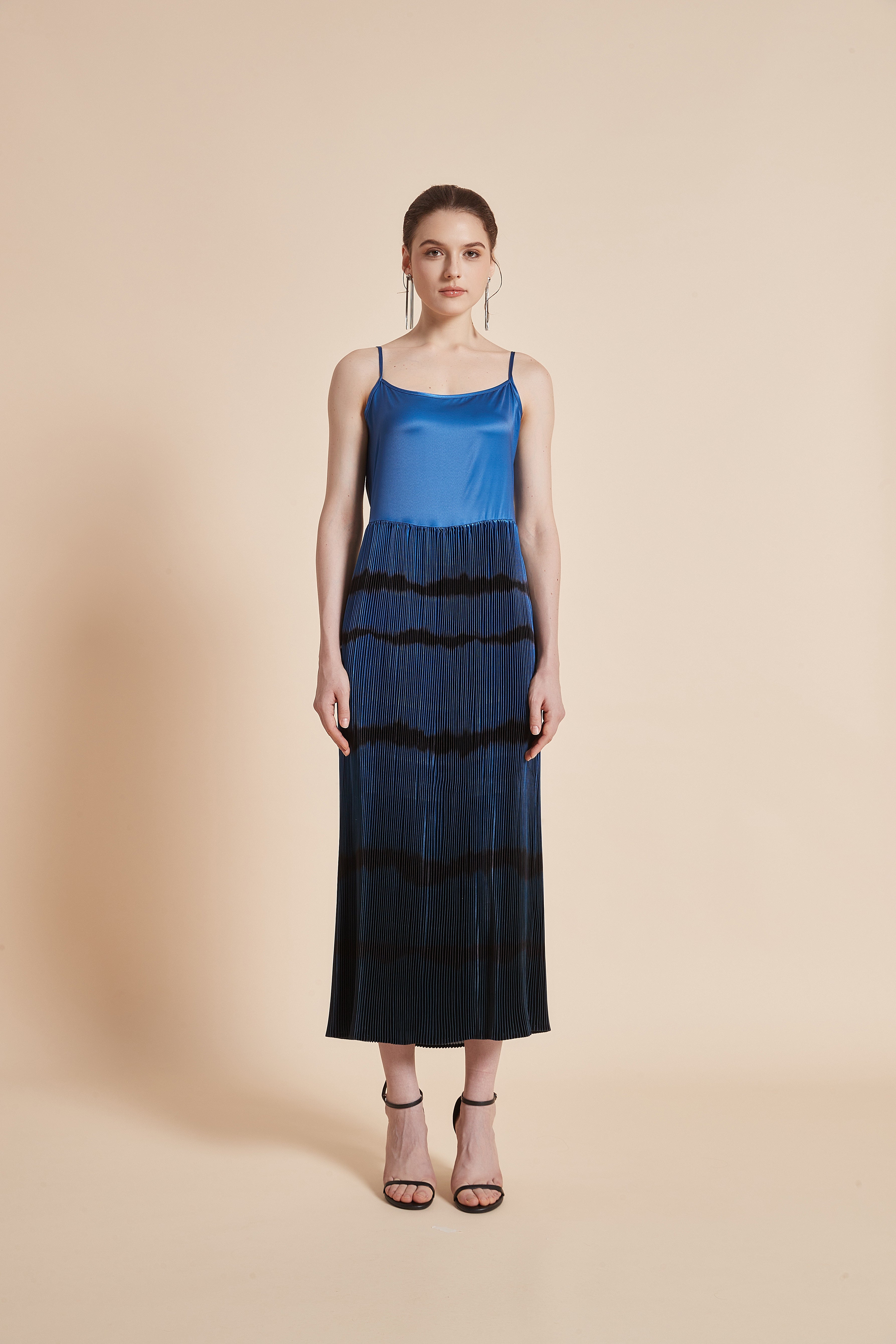 Yola Striped Midi Dress with Straps and Open Neck