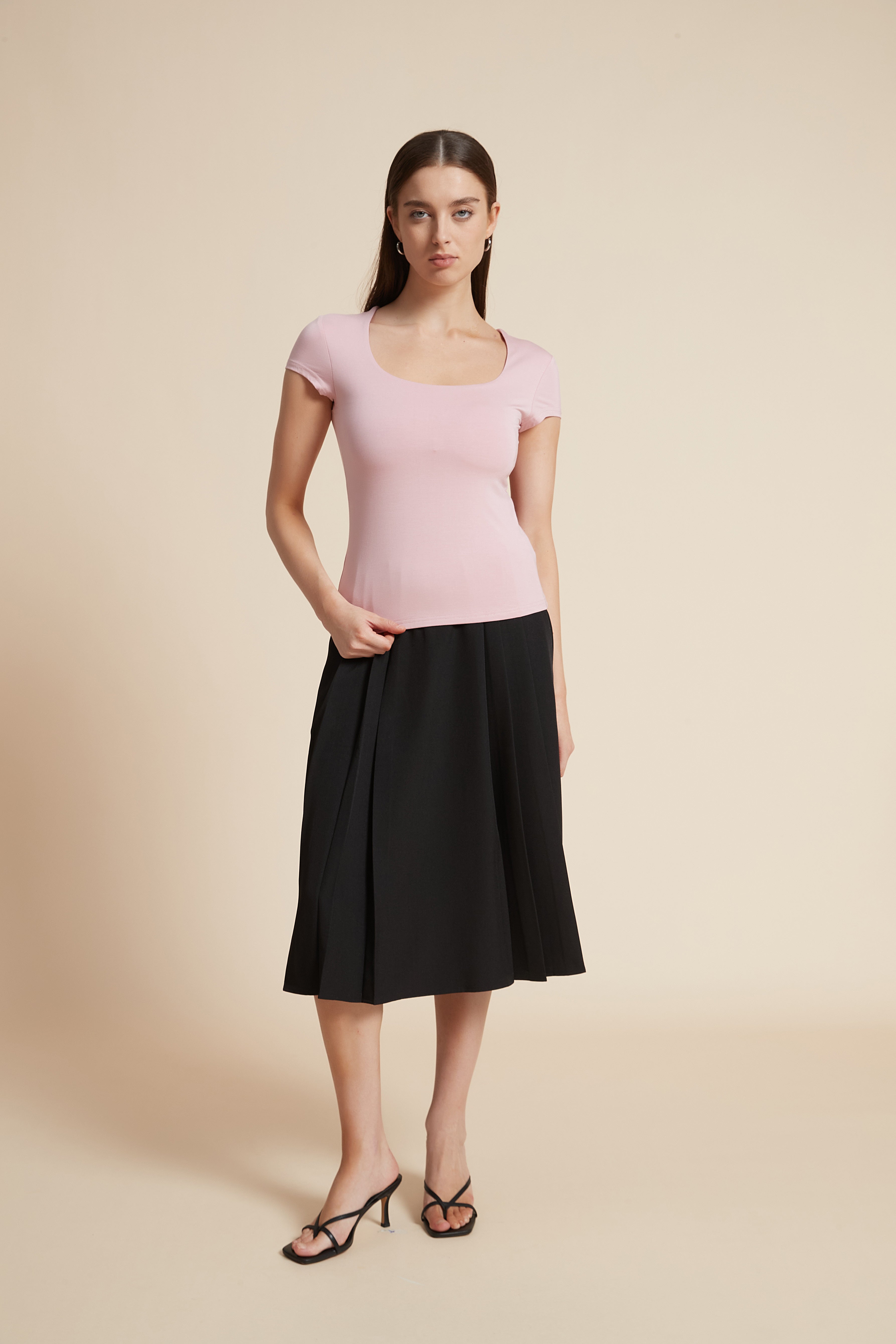 Solid Square Neck Short Sleeve Blouse