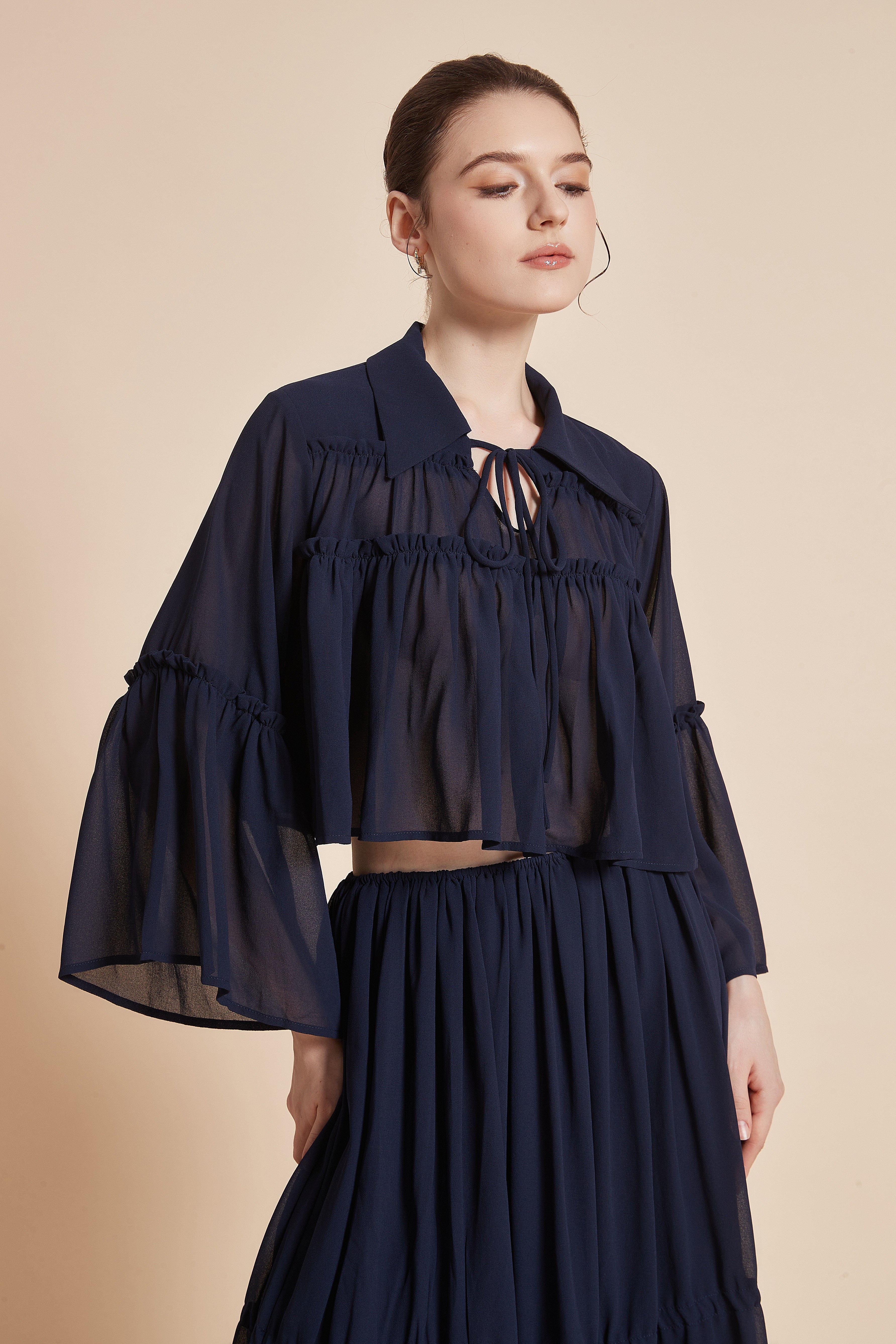 Yola Short Sheer Blouse with Collar and Neck Tie