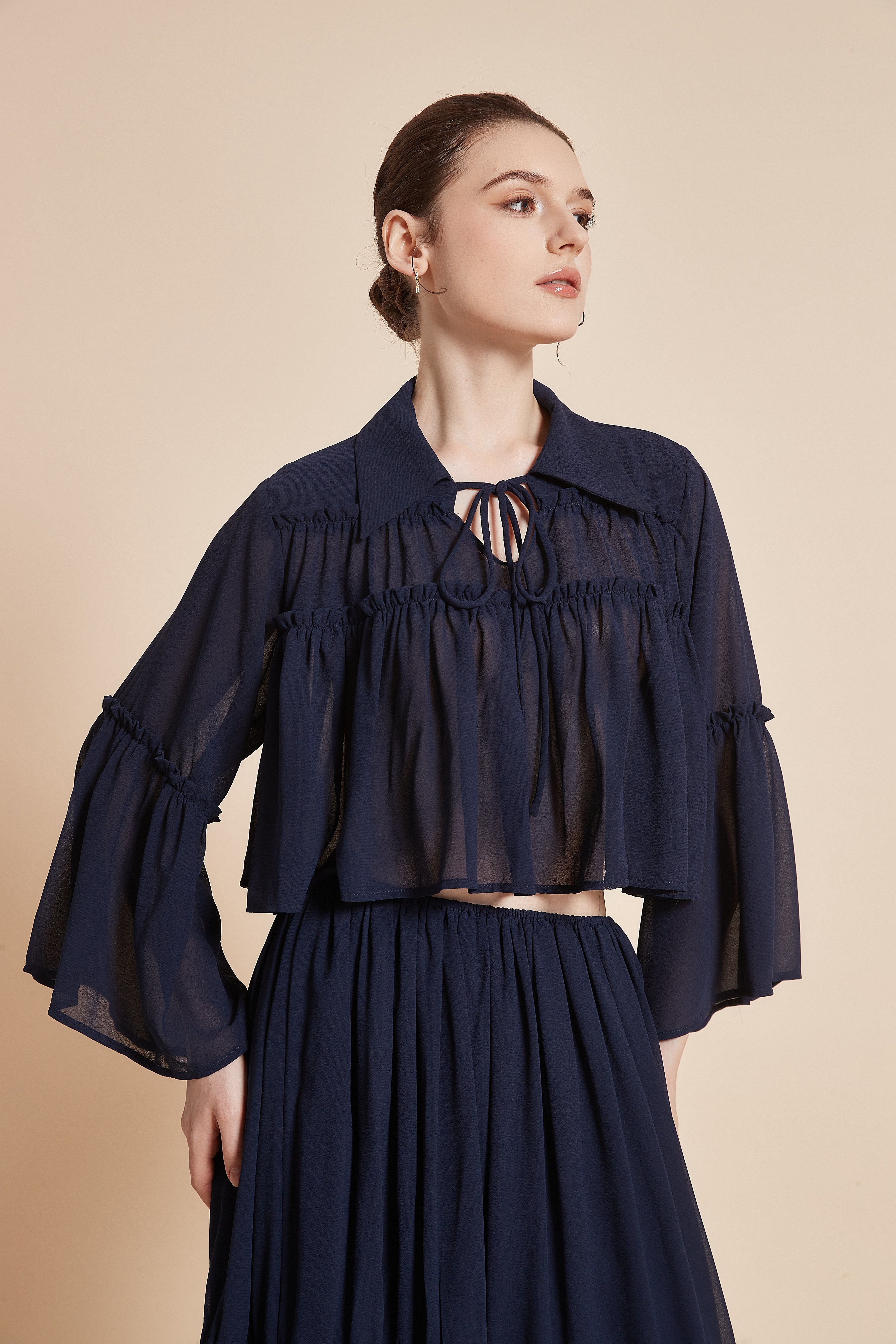 Yola Short Sheer Blouse with Collar and Neck Tie