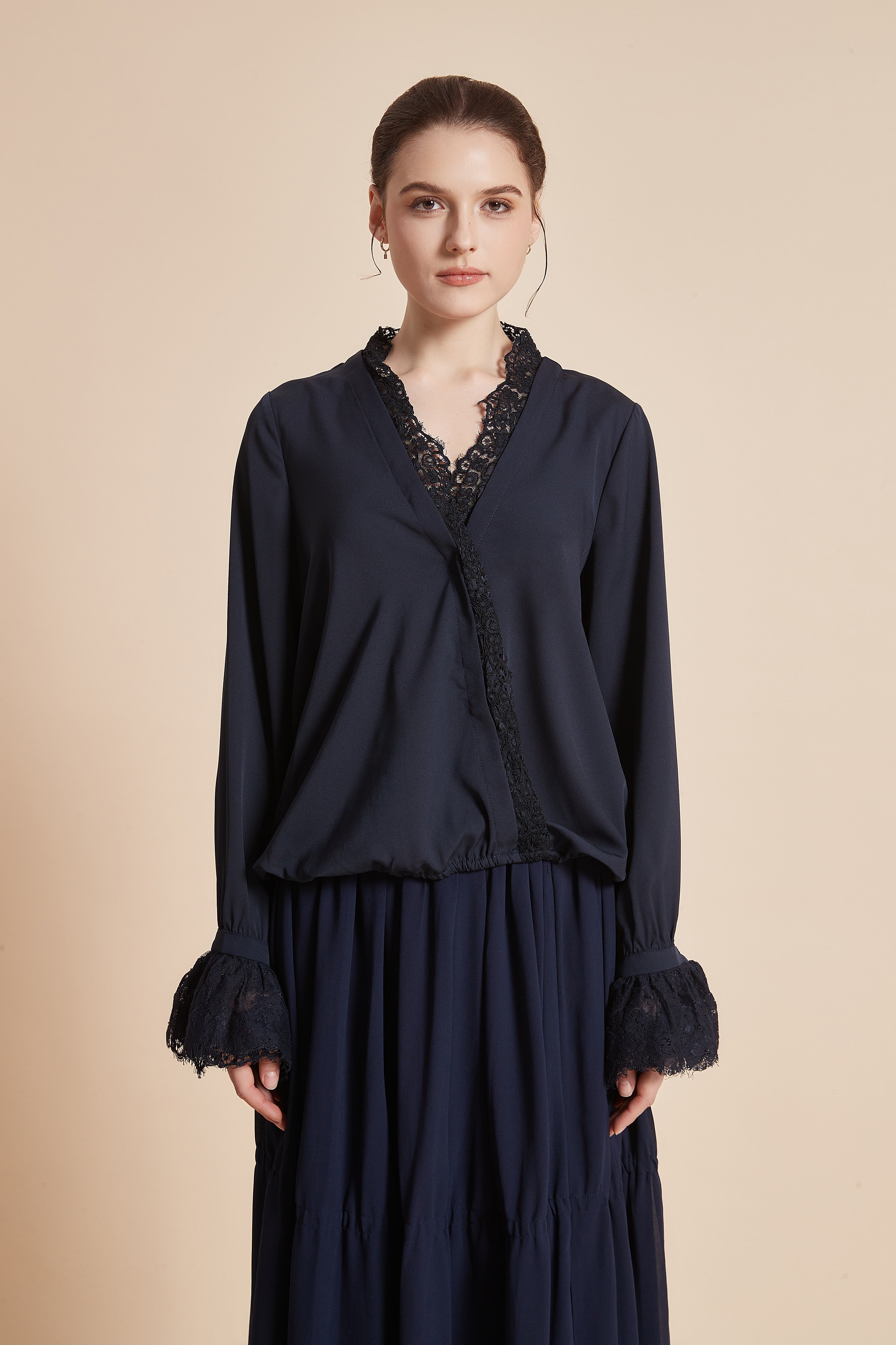 Yola Plain Blouse with Long Sleeves and Lace Details