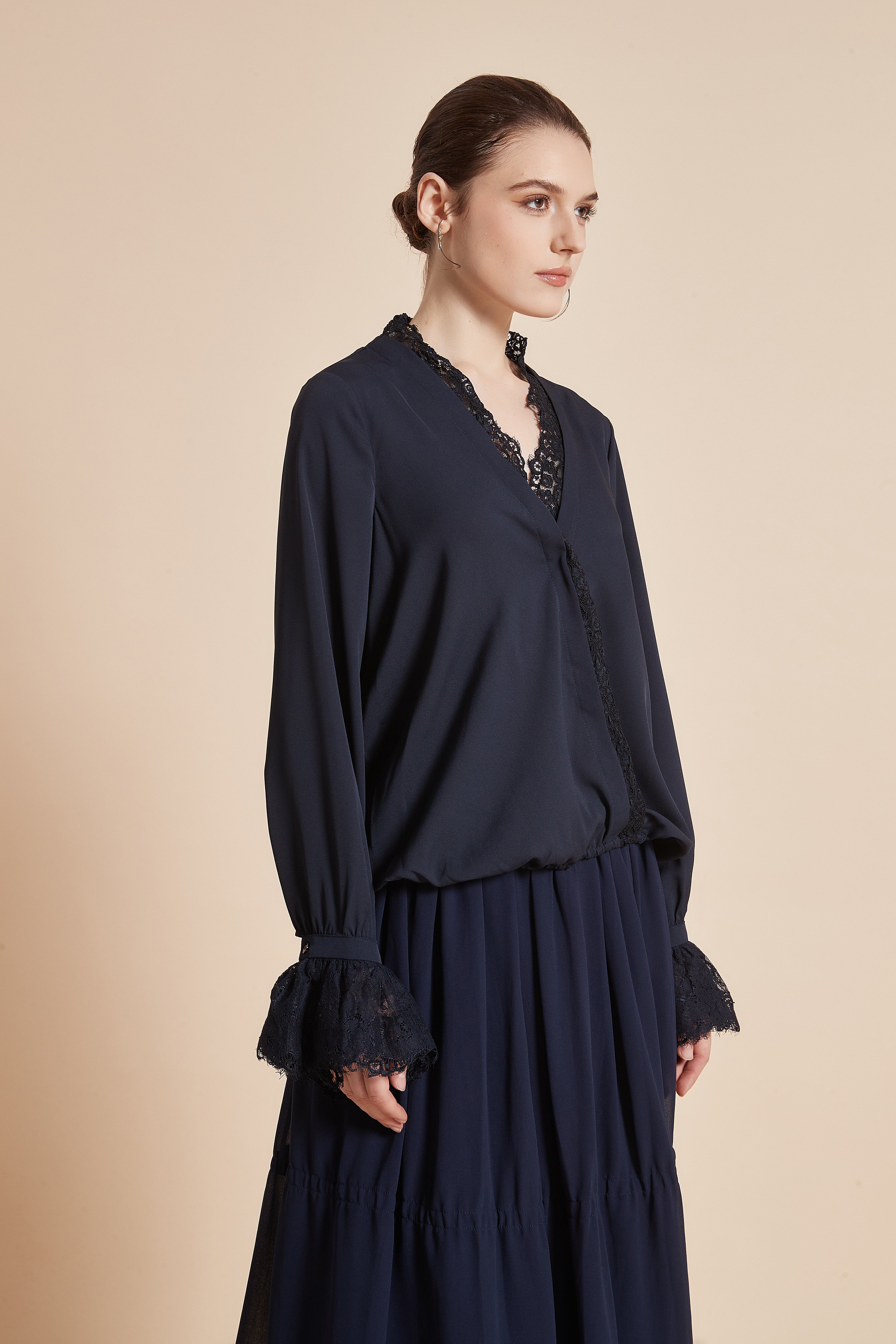 Yola Plain Blouse with Long Sleeves and Lace Details