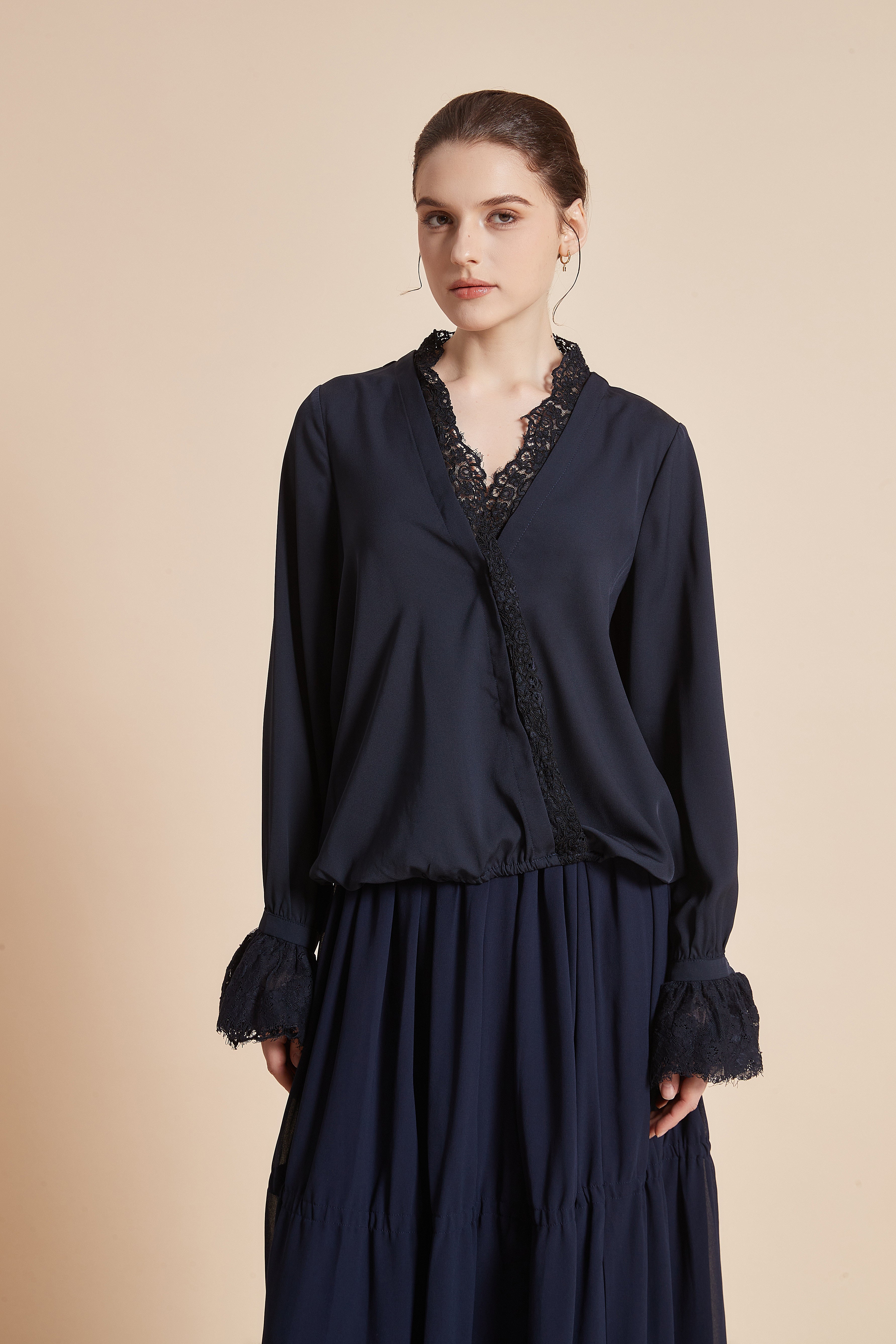 Yola Plain Blouse with Long Sleeves and Lace Details