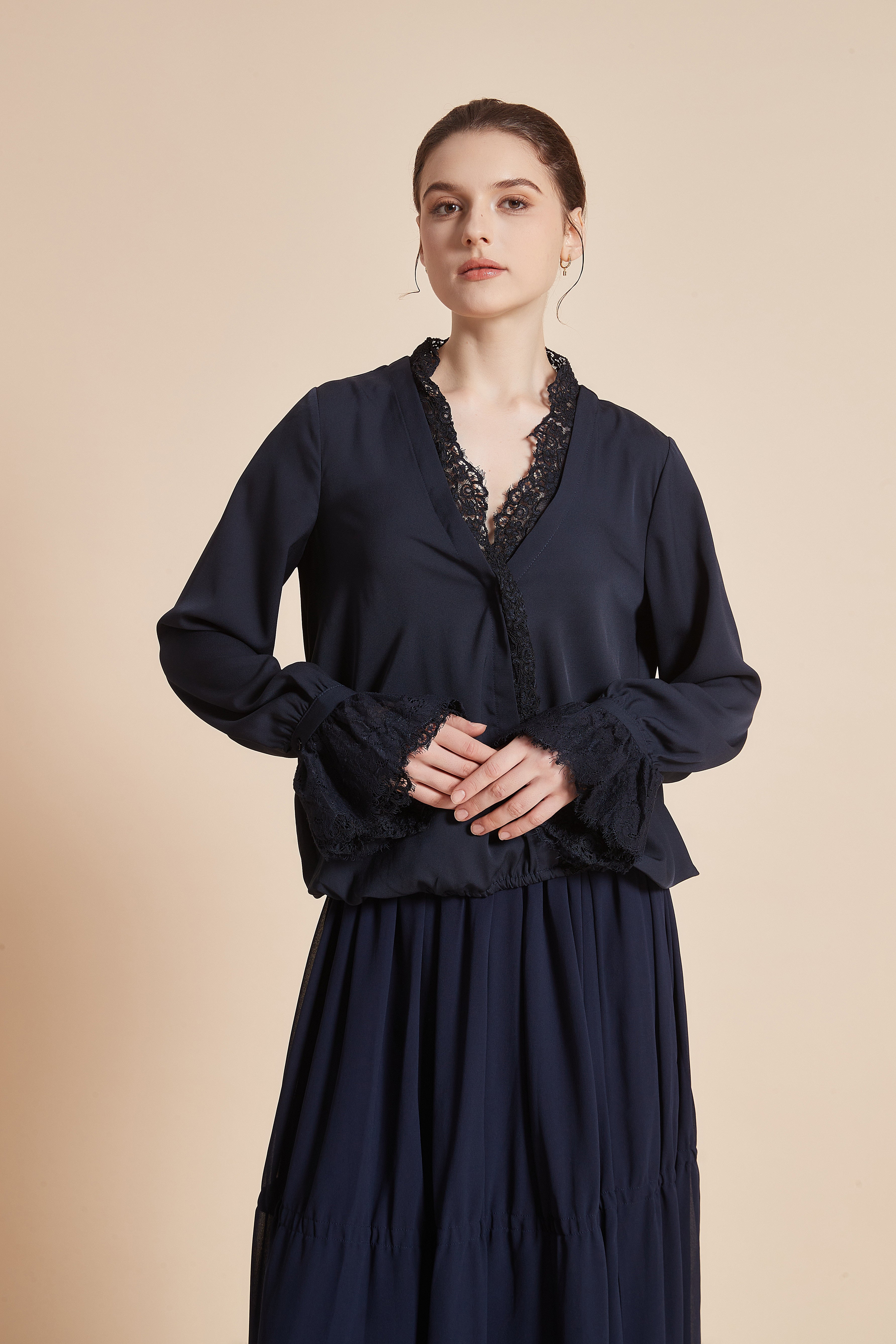 Yola Plain Blouse with Long Sleeves and Lace Details