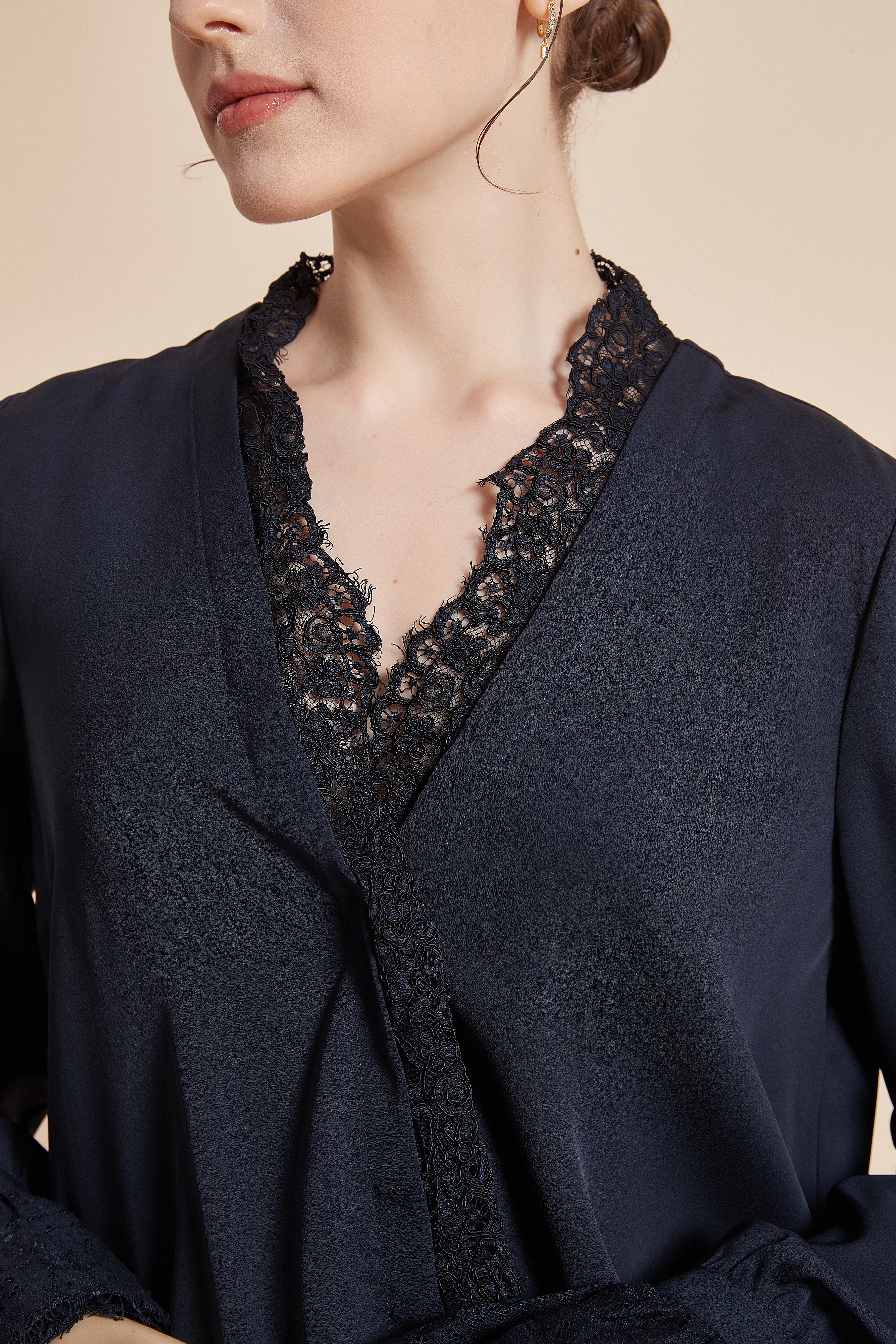 Yola Plain Blouse with Long Sleeves and Lace Details