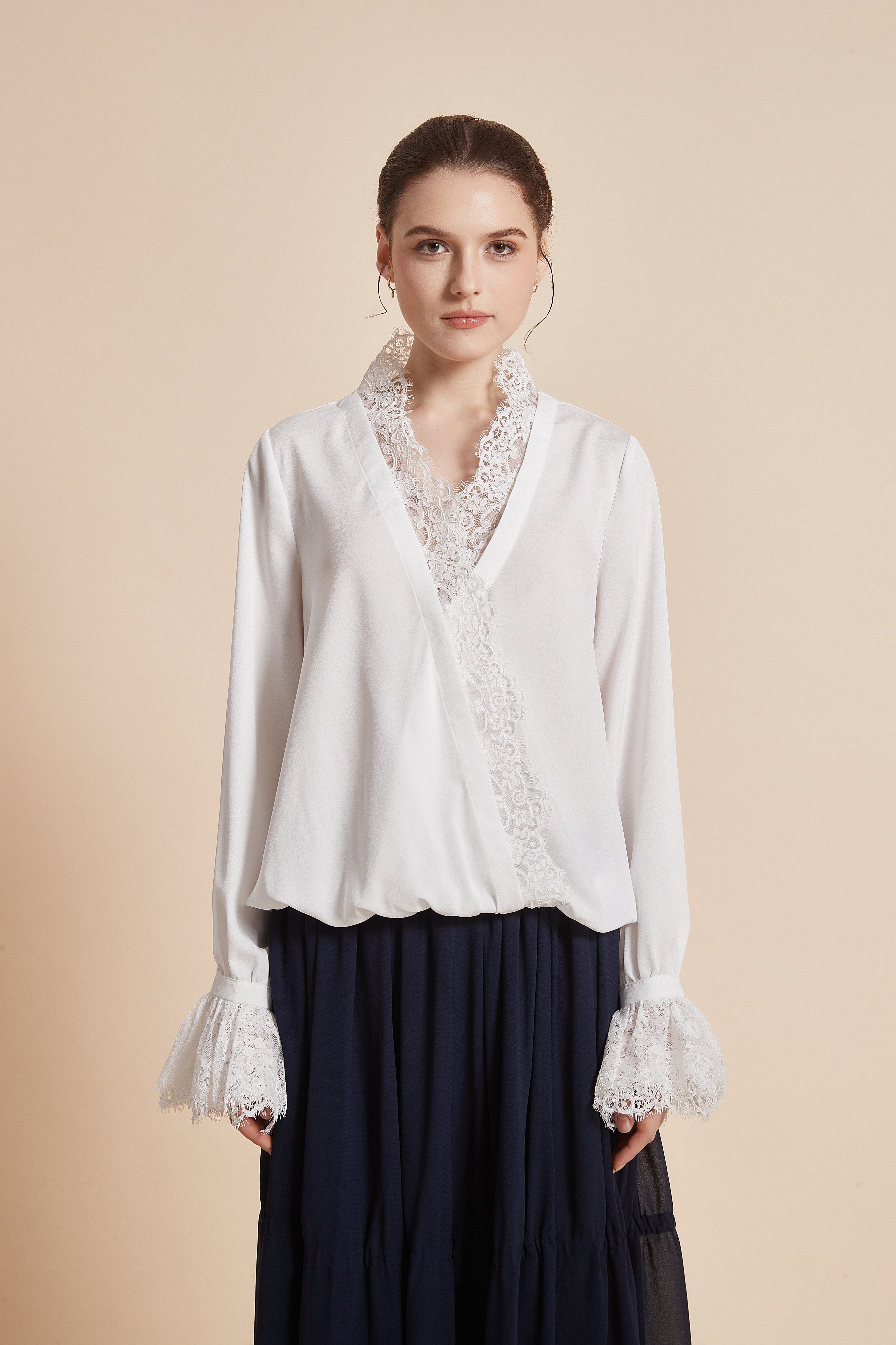 Yola Plain Blouse with Long Sleeves and Lace Details