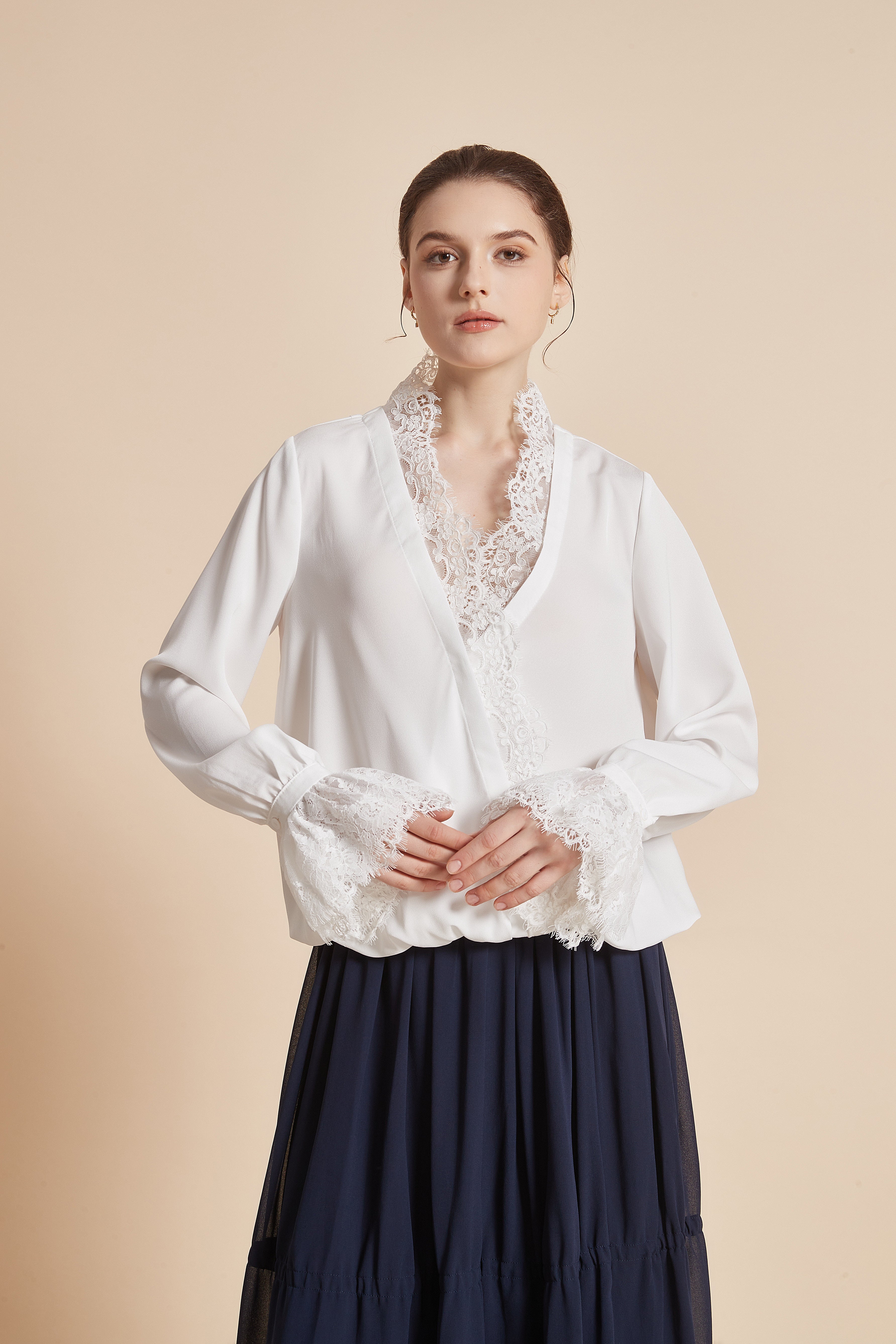 Yola Plain Blouse with Long Sleeves and Lace Details