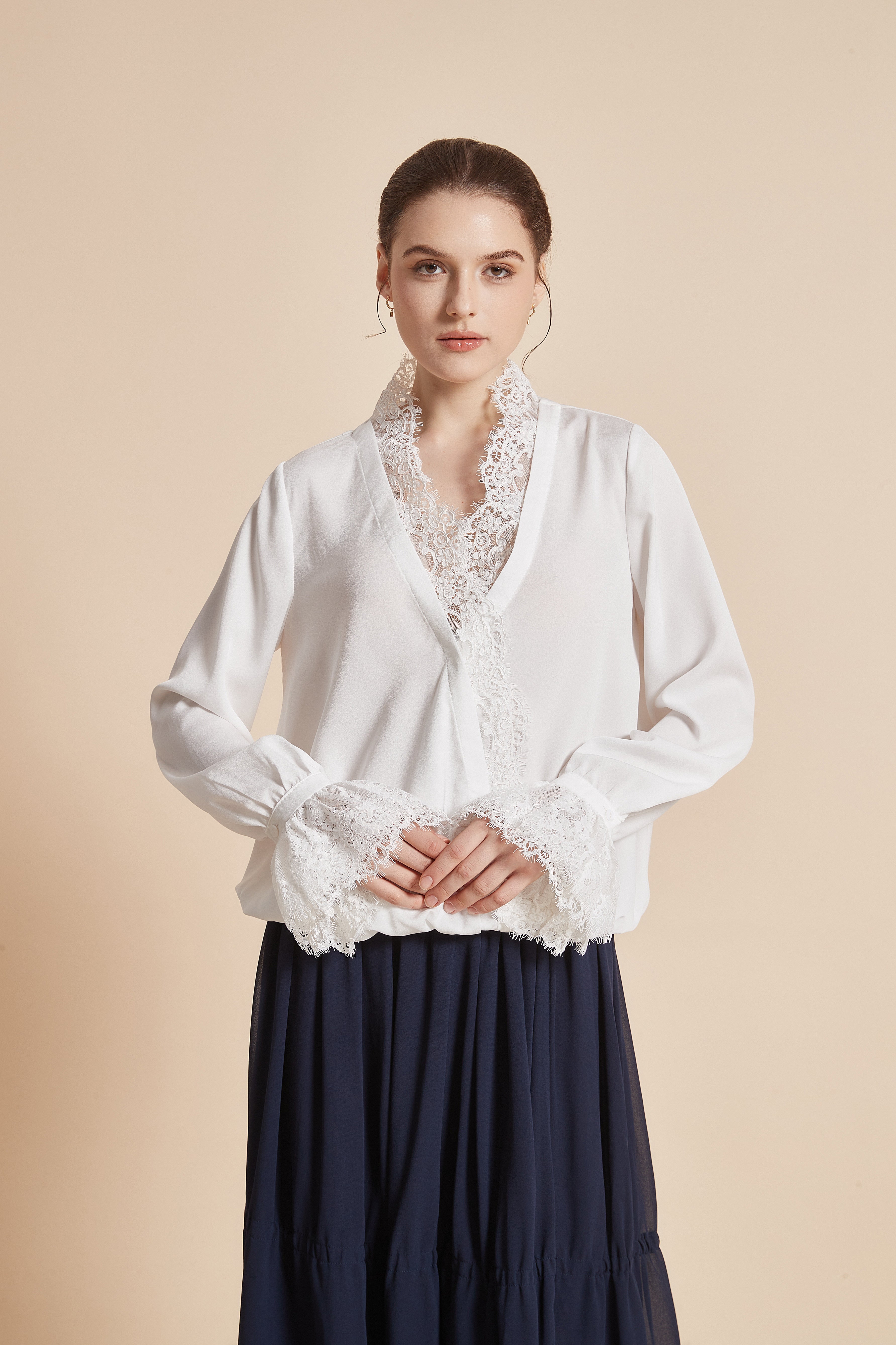 Yola Plain Blouse with Long Sleeves and Lace Details