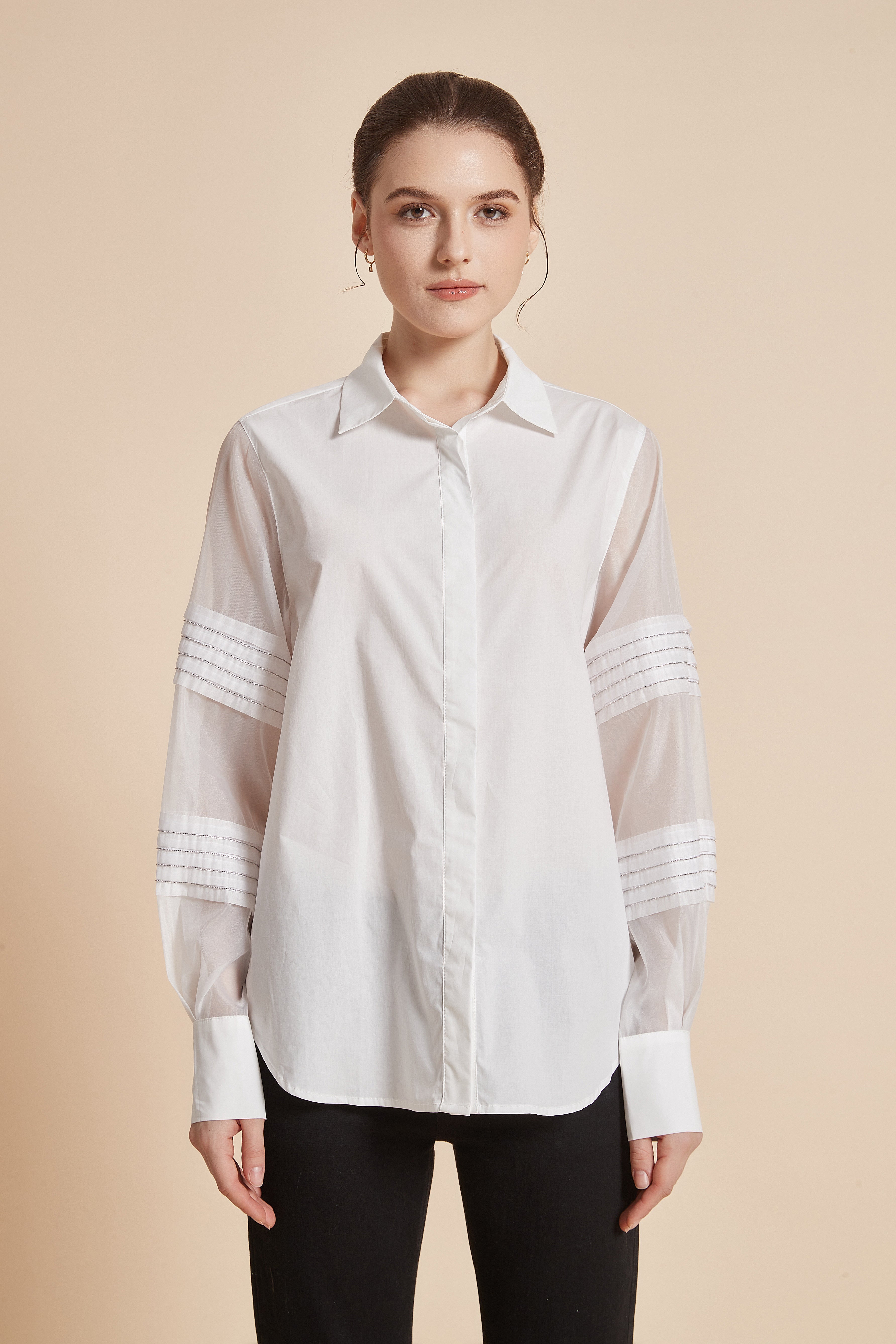 Yola Blouse with Collar and Long Sheer Sleeves