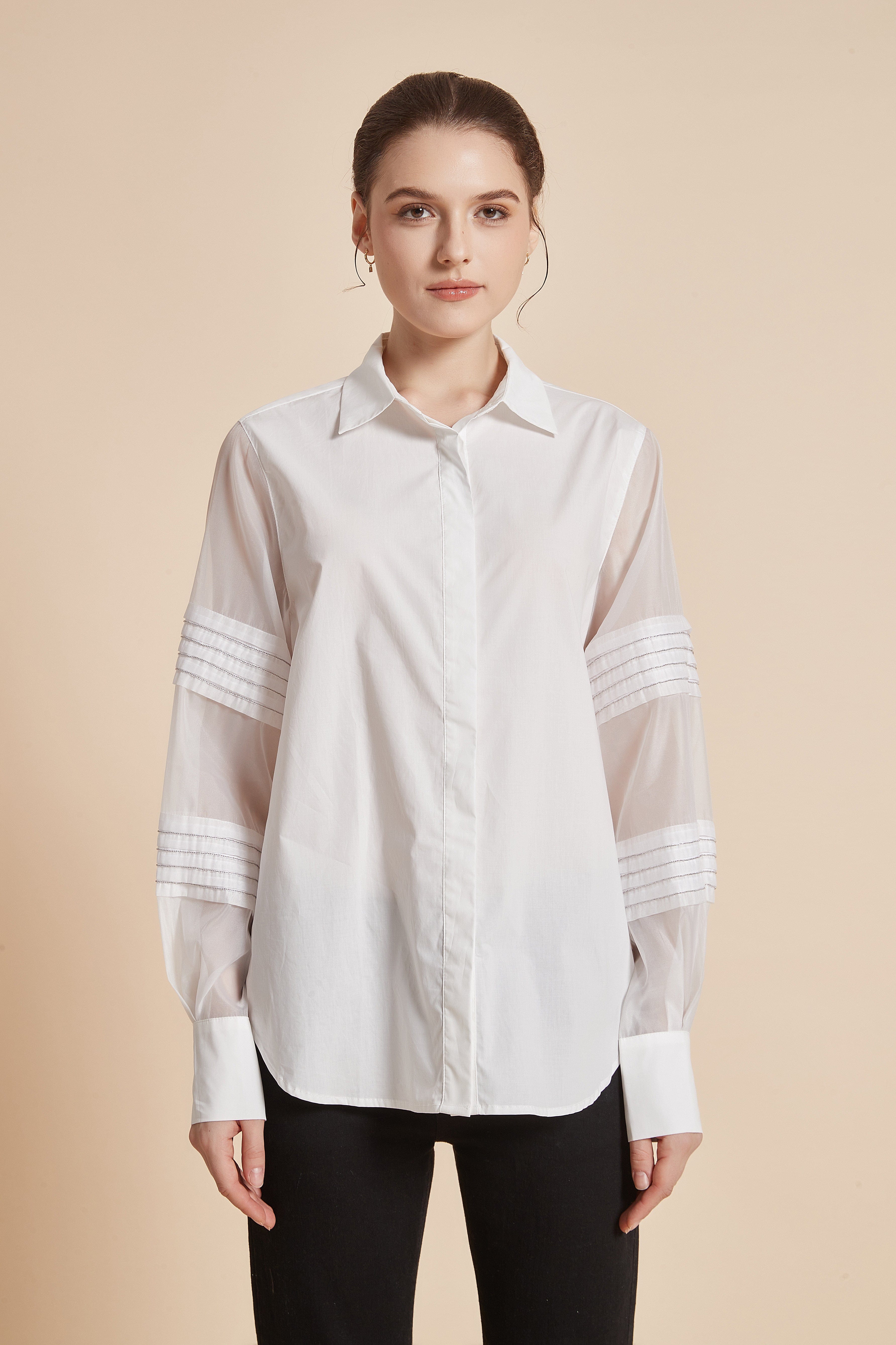 Blouse With Collar And Long Sheer Sleeves