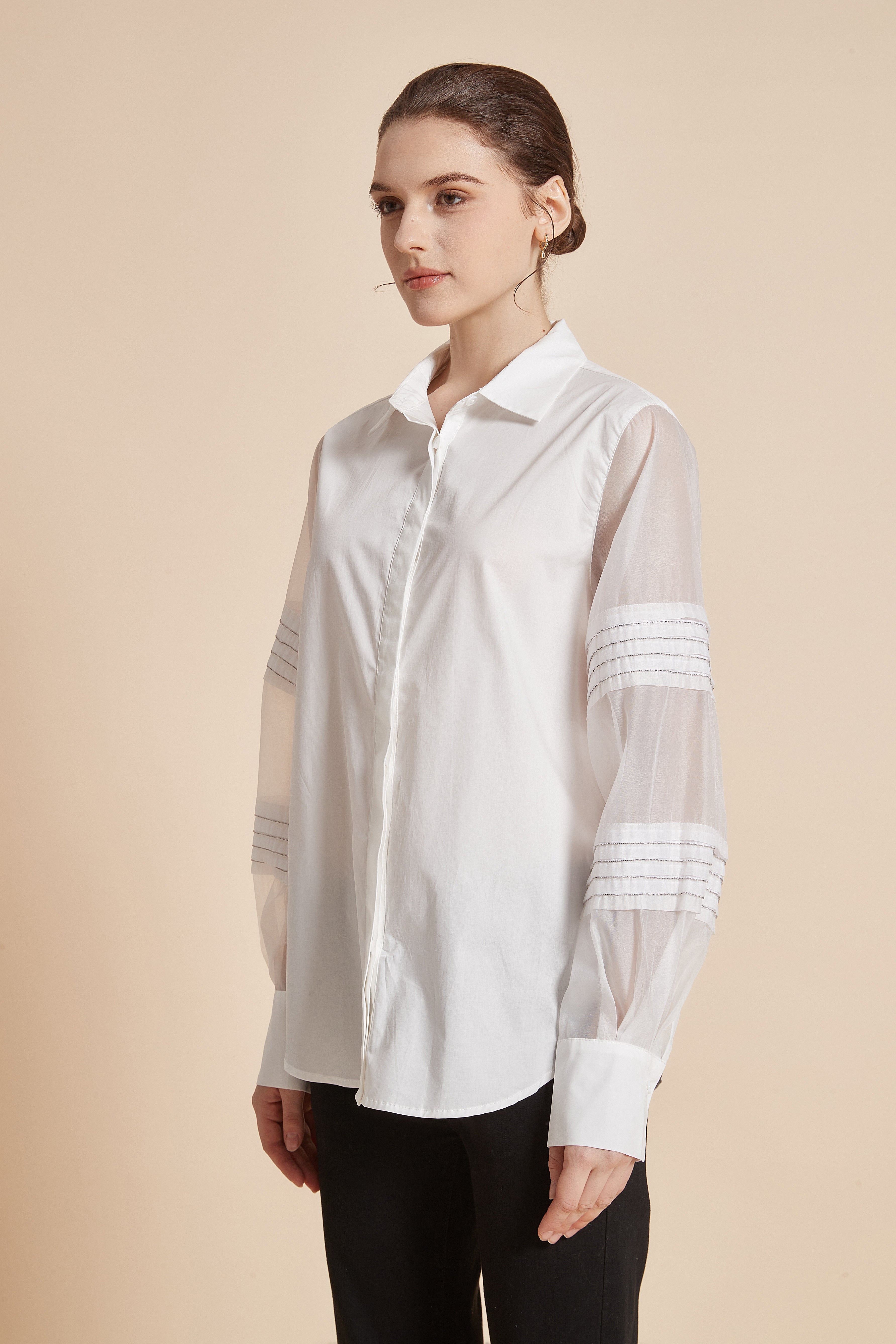 Yola Blouse with Collar and Long Sheer Sleeves