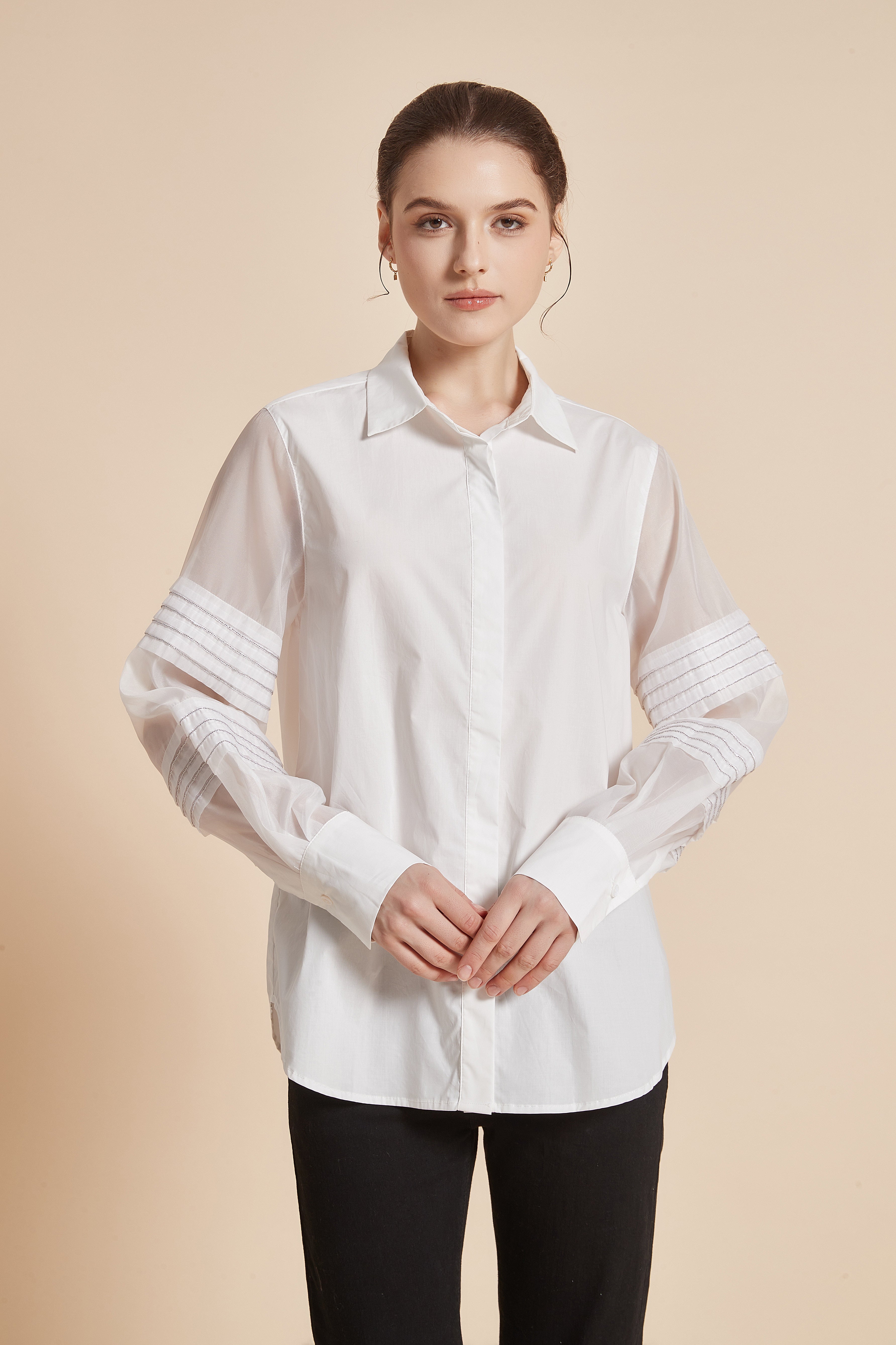 Yola Blouse with Collar and Long Sheer Sleeves