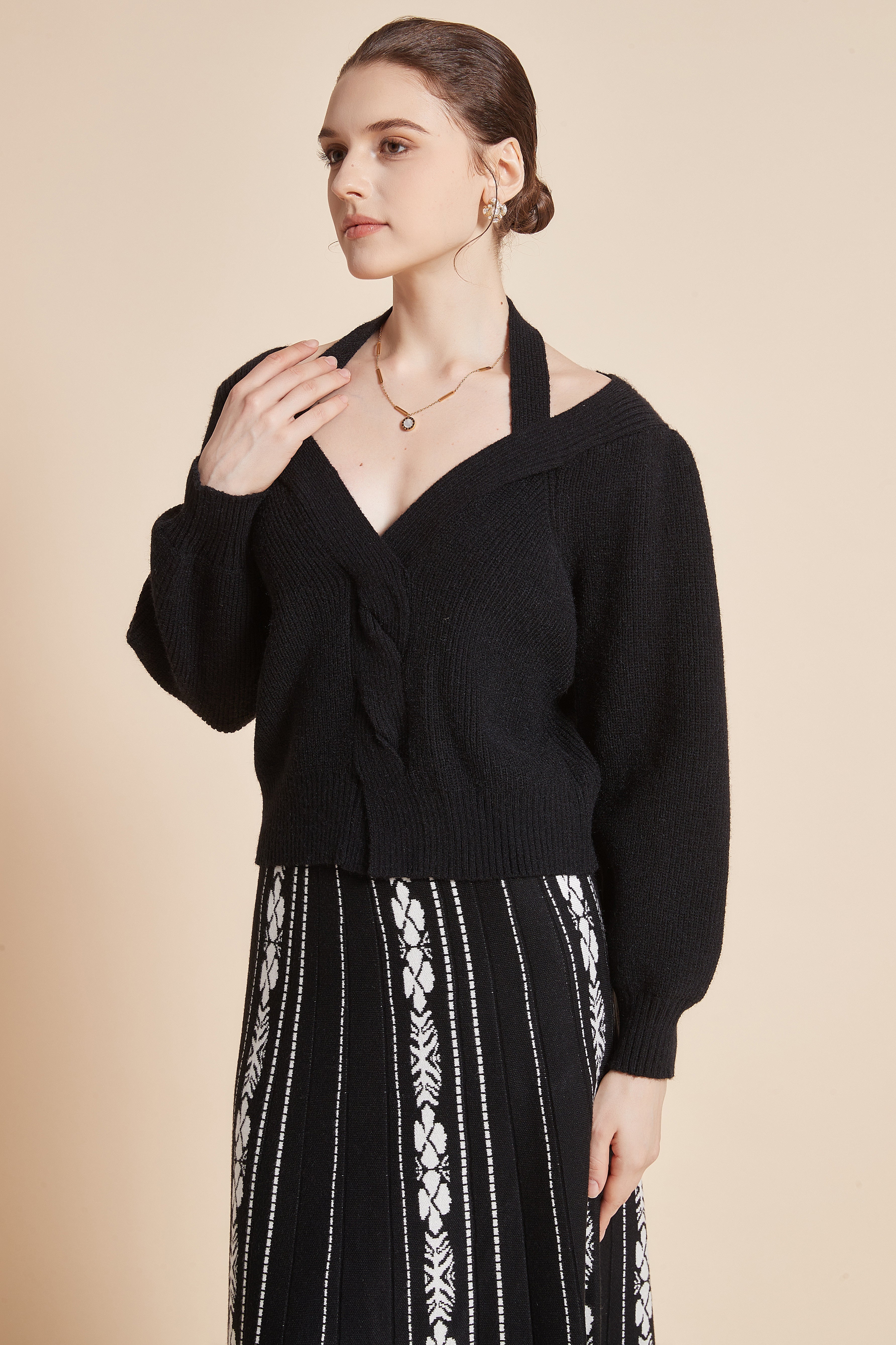 Short V-Neck Sweater with Long Sleeves