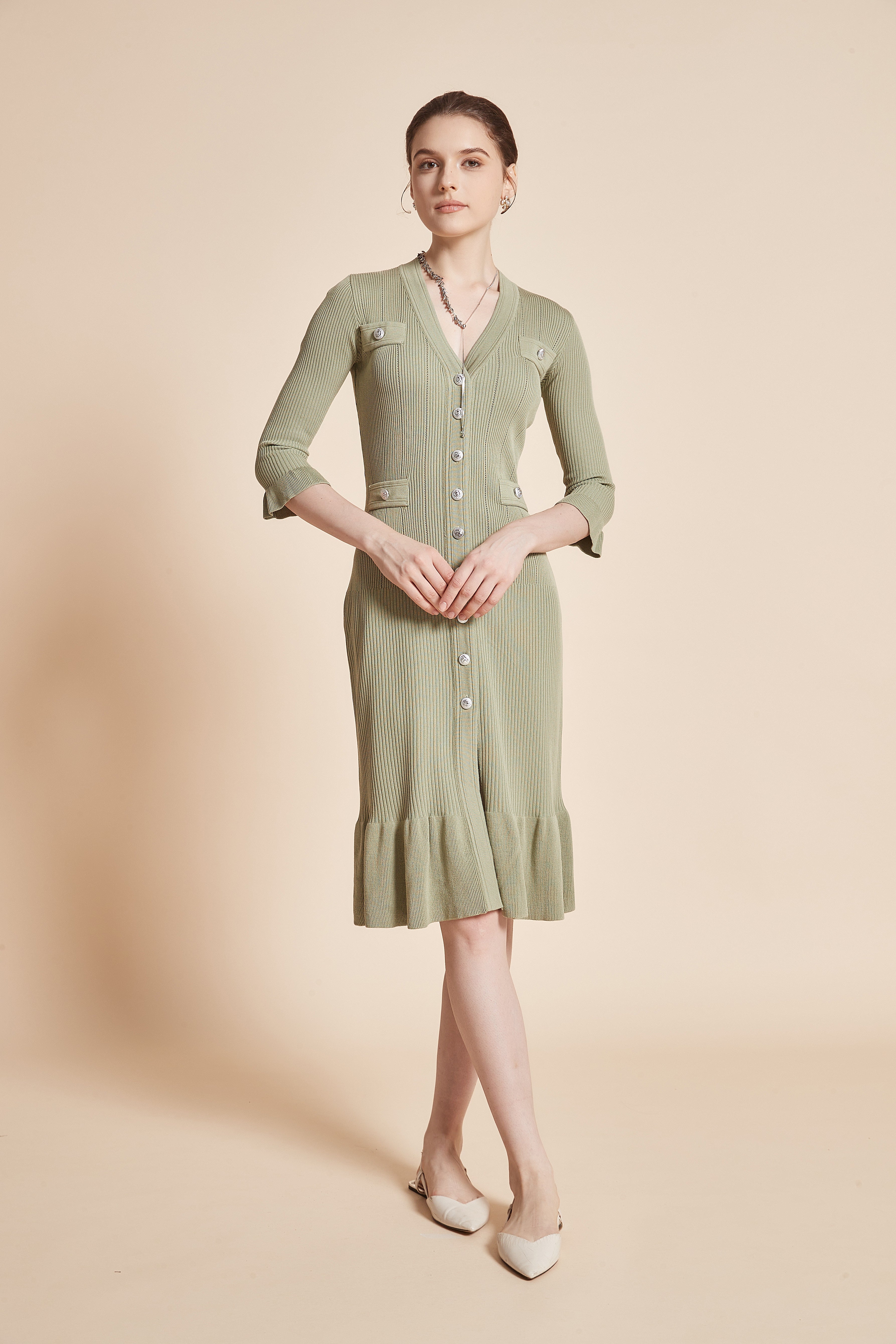 Yola Midi Dress with 3/4 Sleeves, V-Neck, and Knee Ruffles