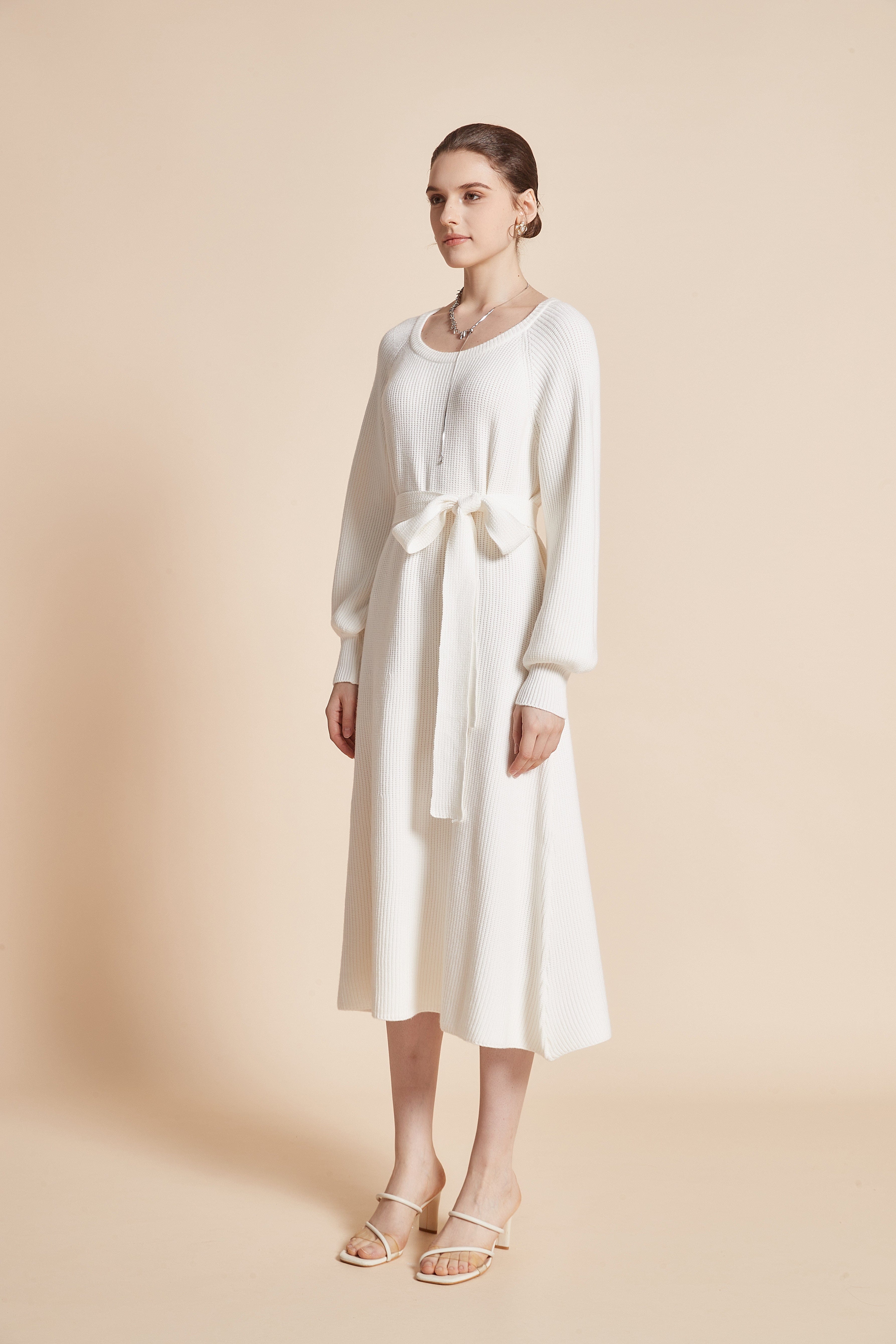 Stylish Waist Tie Midi Dress with Round Neckline and Long Wide