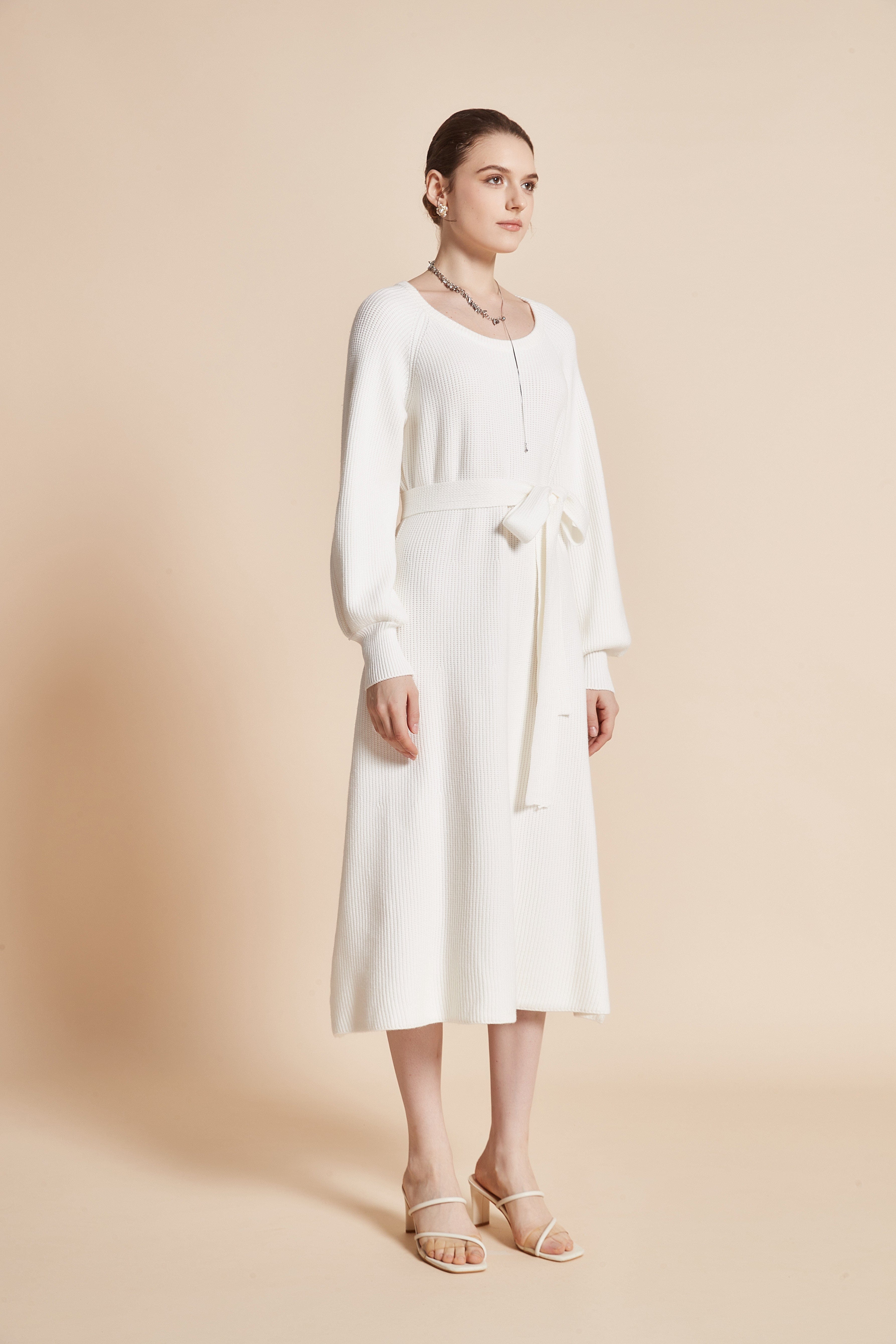 Stylish Waist Tie Midi Dress with Round Neckline and Long Wide
