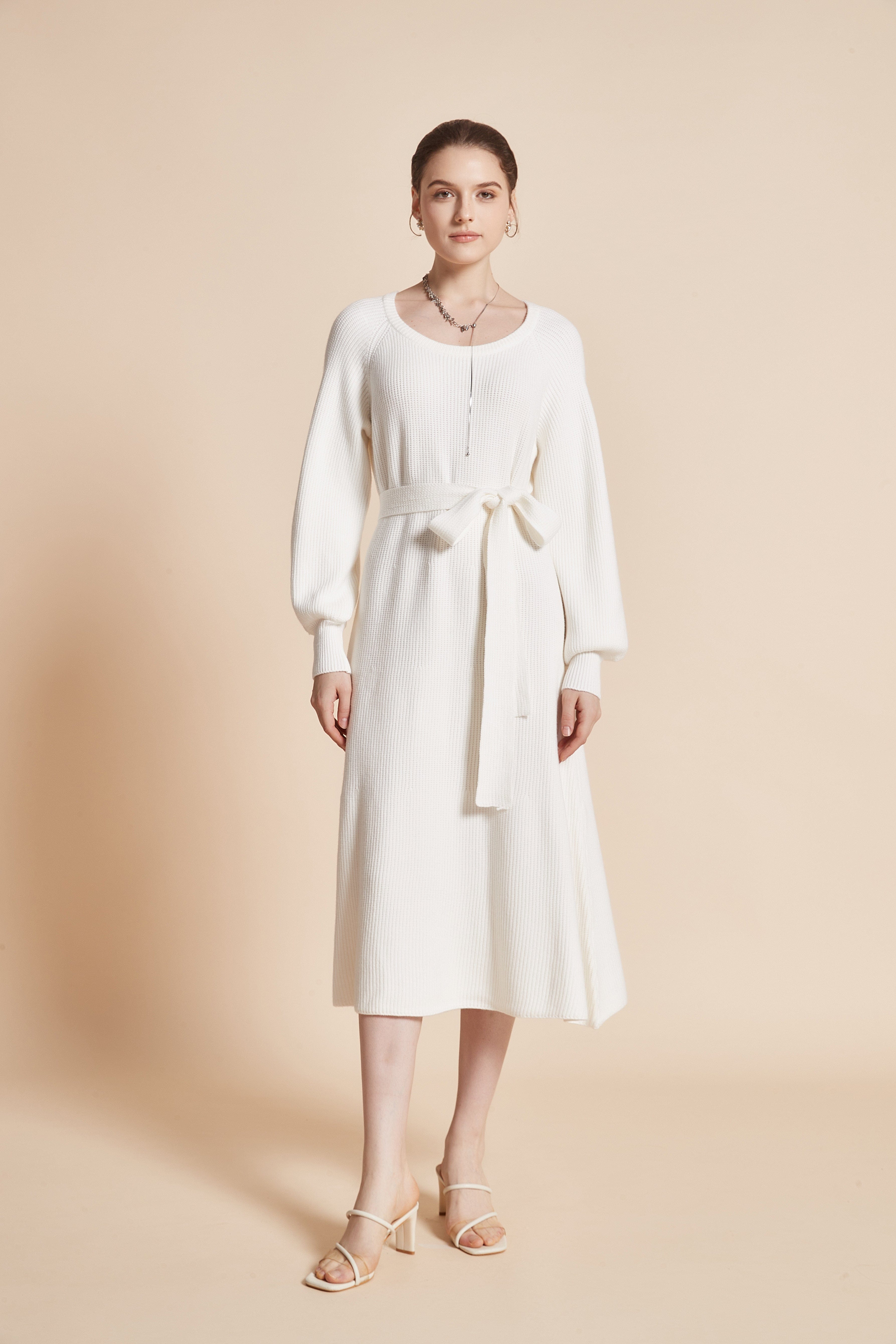 Stylish Waist Tie Midi Dress with Round Neckline and Long Wide