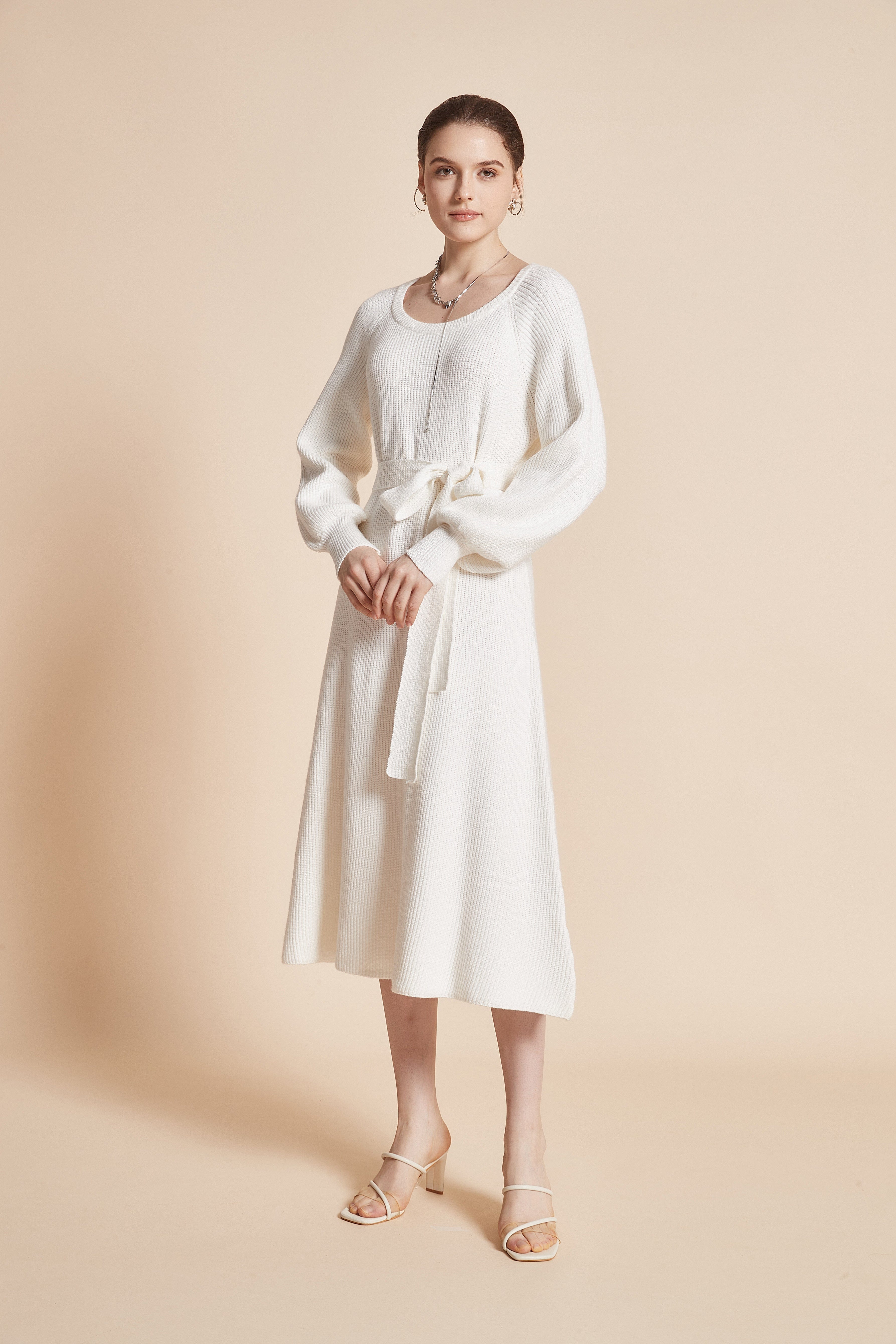 Stylish Waist Tie Midi Dress with Round Neckline and Long Wide