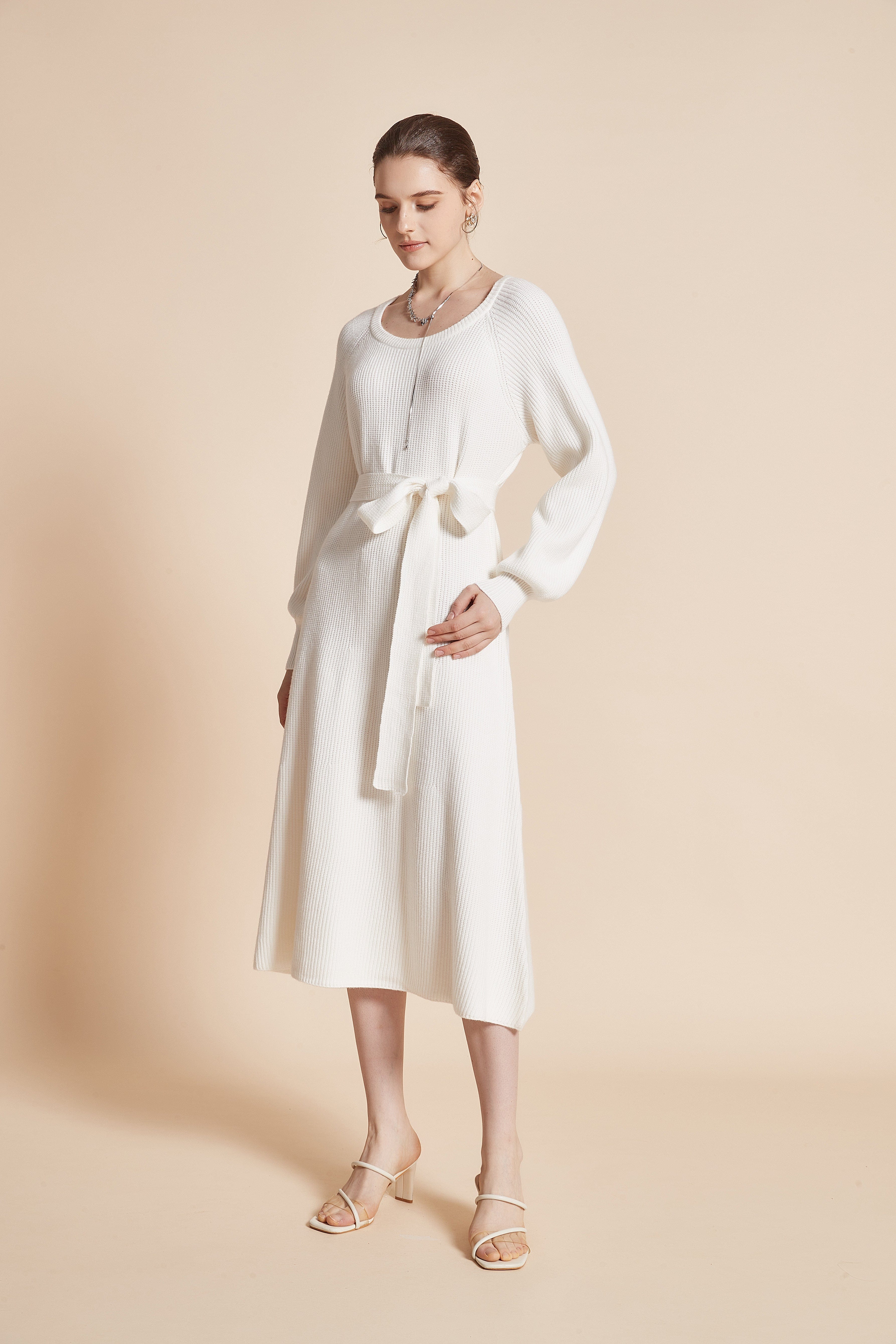 Stylish Waist Tie Midi Dress with Round Neckline and Long Wide