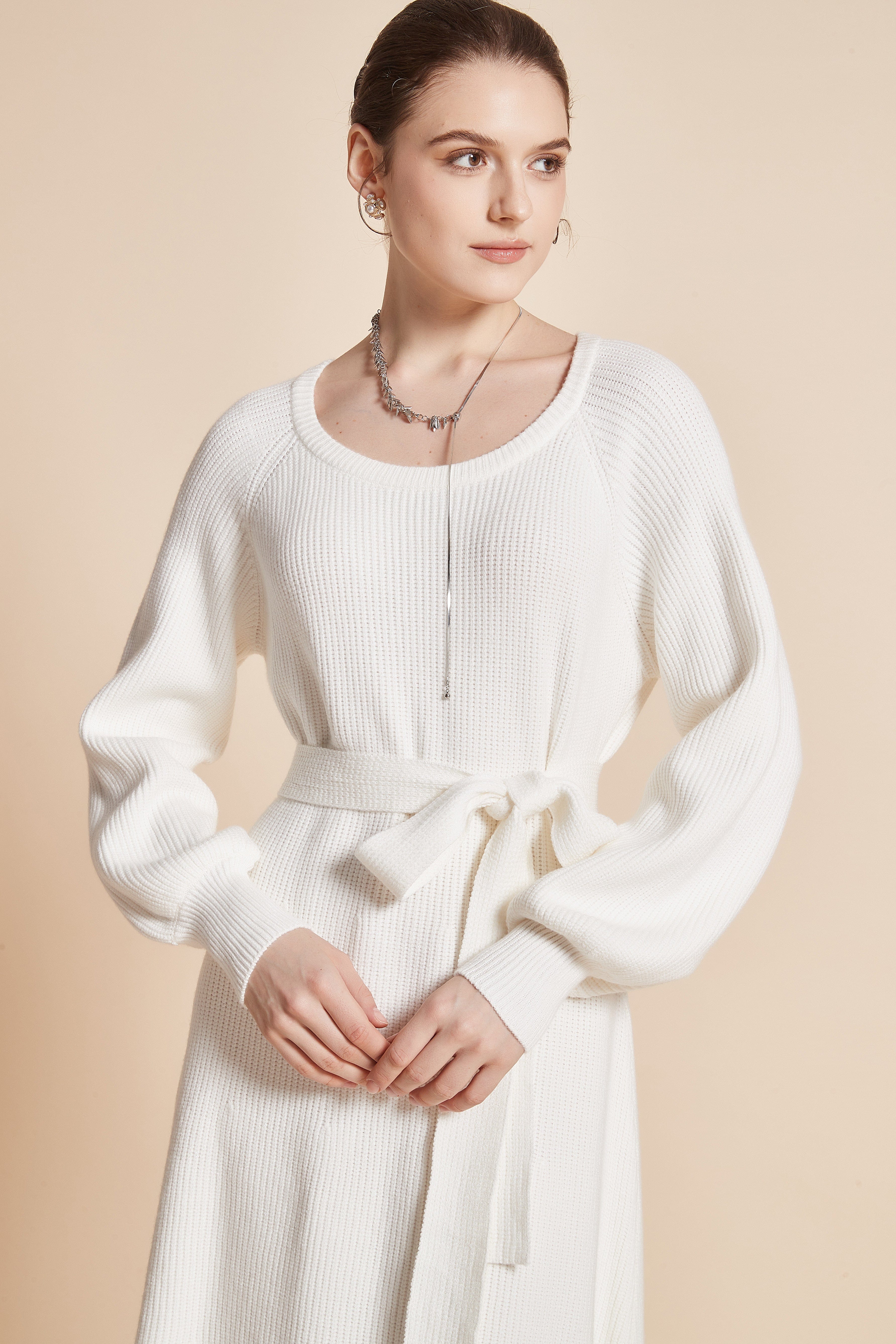 Stylish Waist Tie Midi Dress with Round Neckline and Long Wide