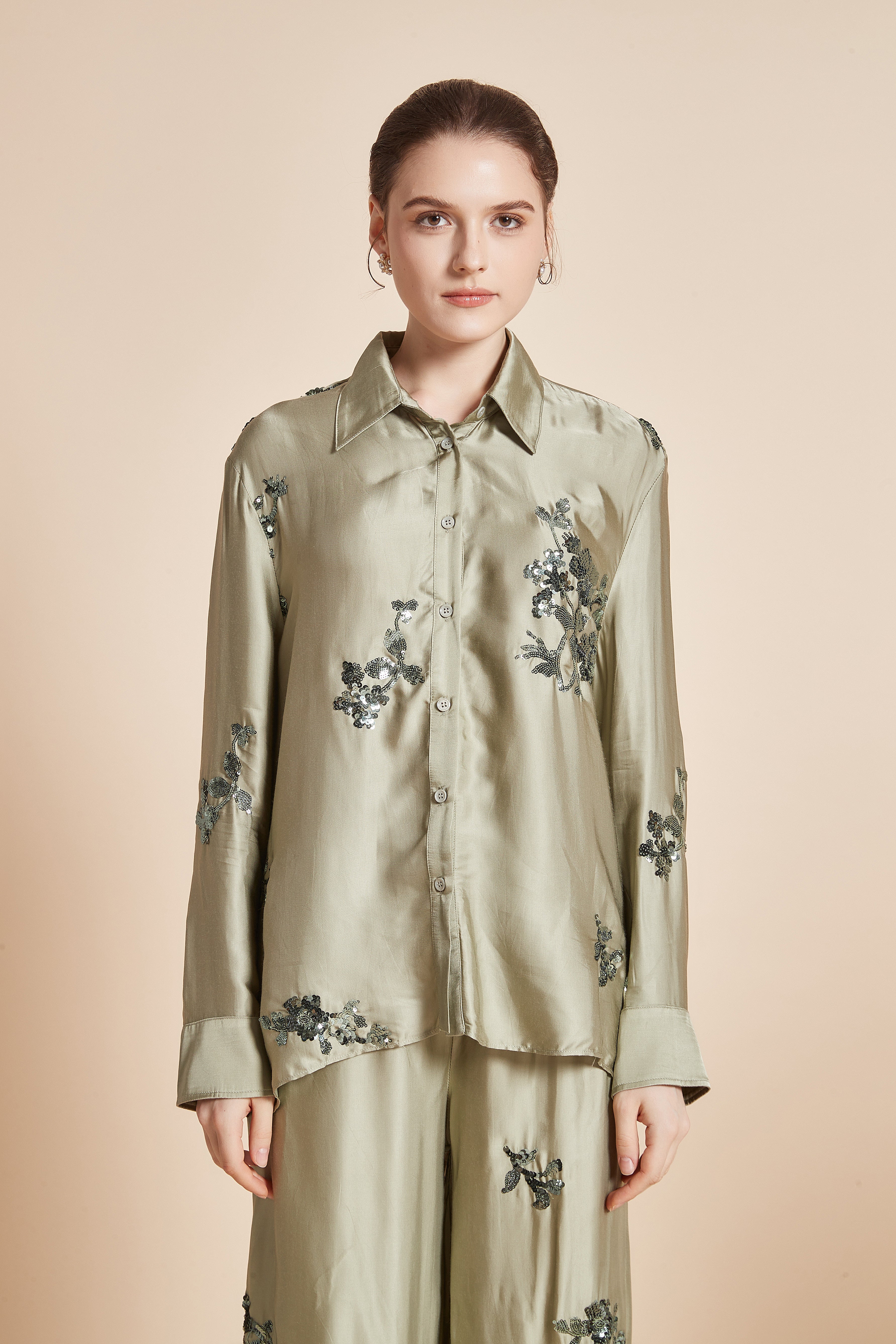 Yola Floral Embroidered Blouse with Long Sleeves, Collar, and Front Buttons