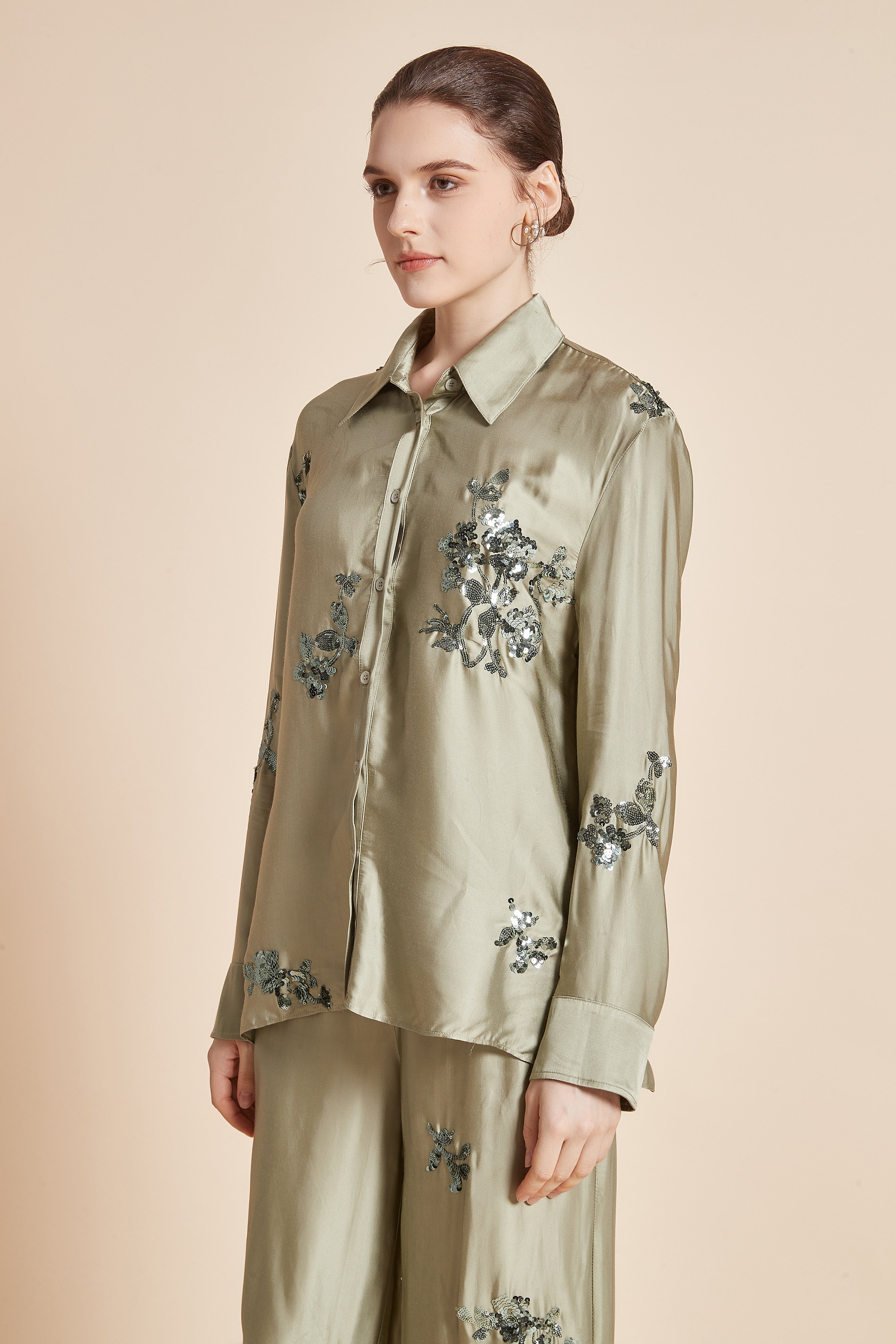 Yola Floral Embroidered Blouse with Long Sleeves, Collar, and Front Buttons