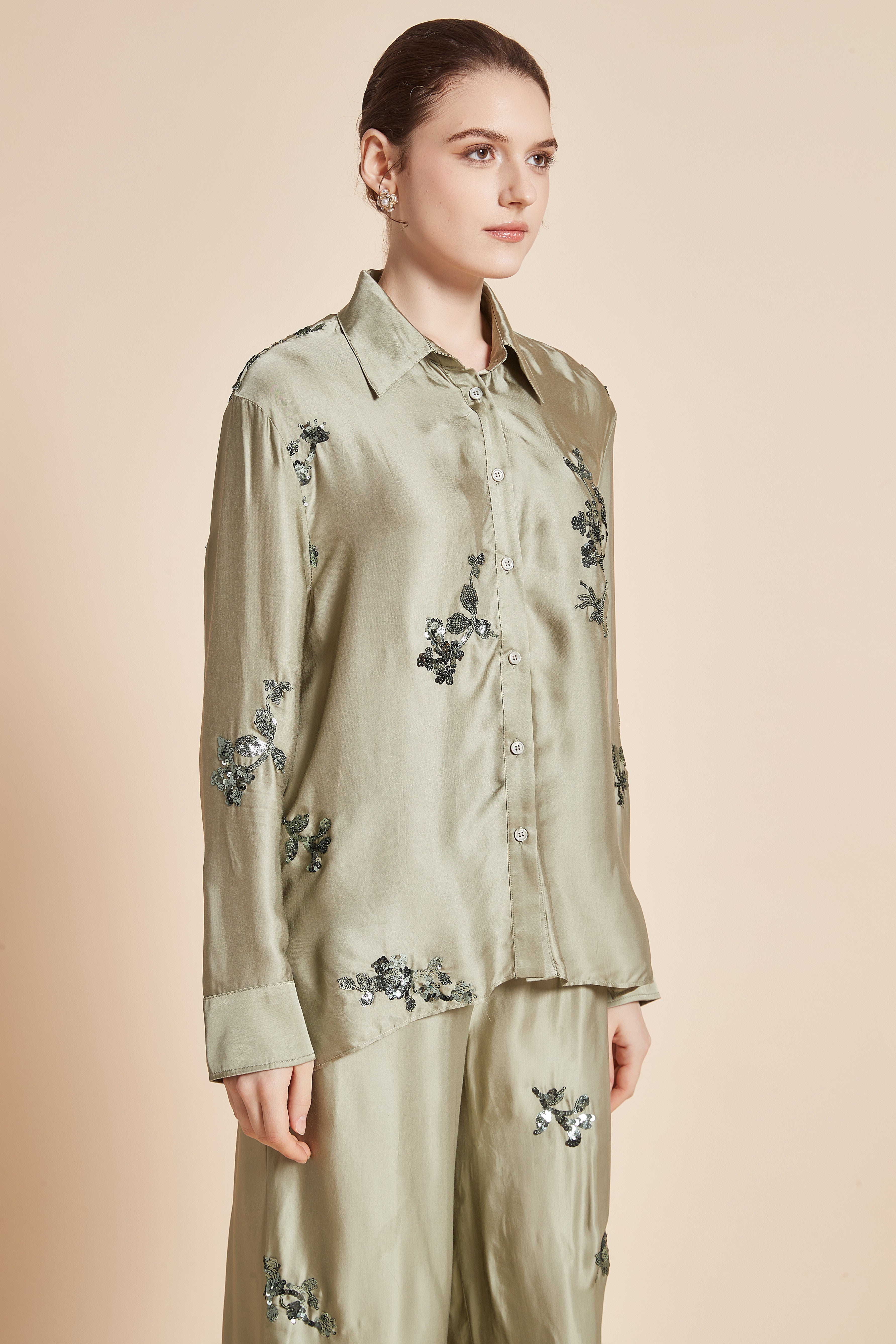 Yola Floral Embroidered Blouse with Long Sleeves, Collar, and Front Buttons