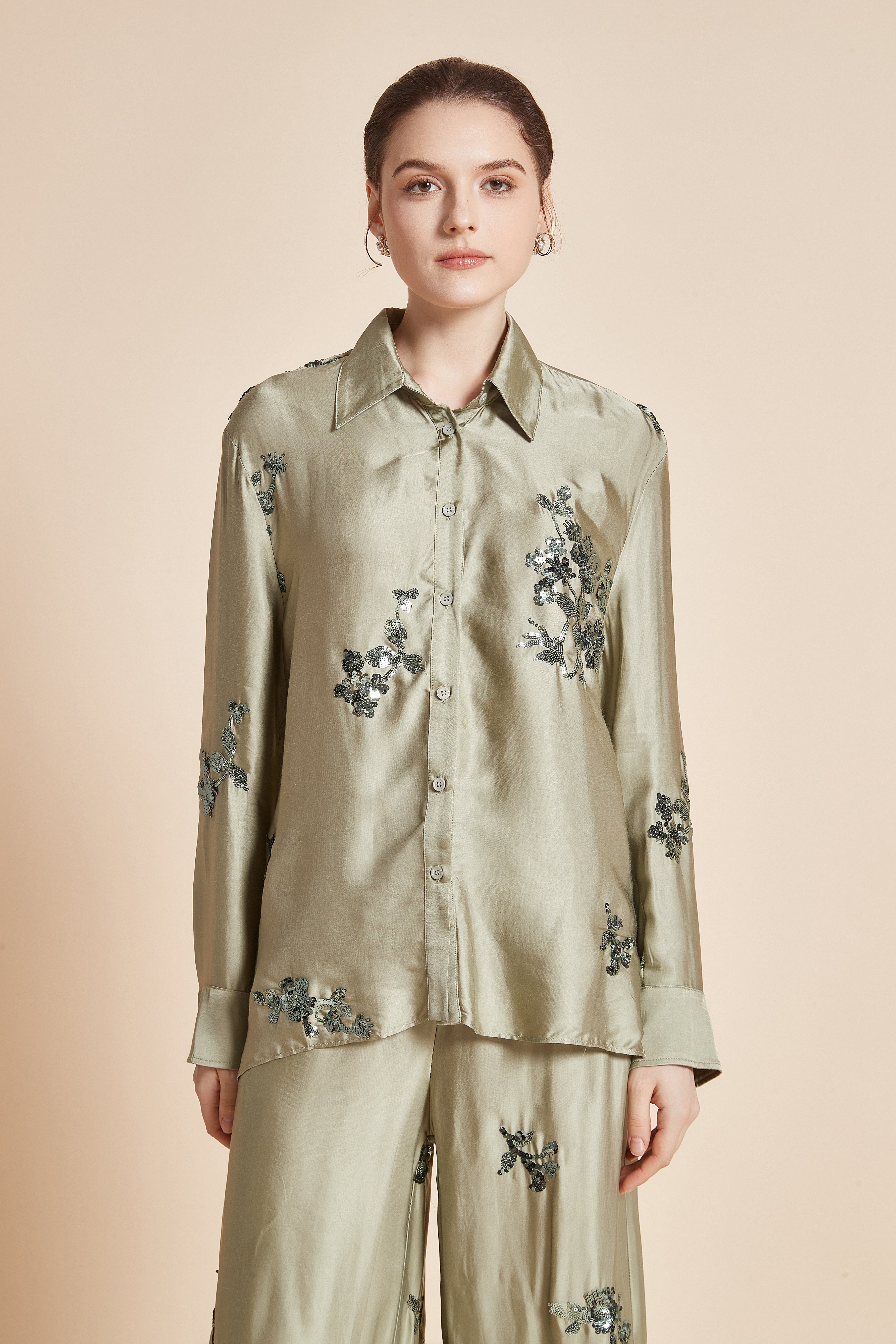 Yola Floral Embroidered Blouse with Long Sleeves, Collar, and Front Buttons