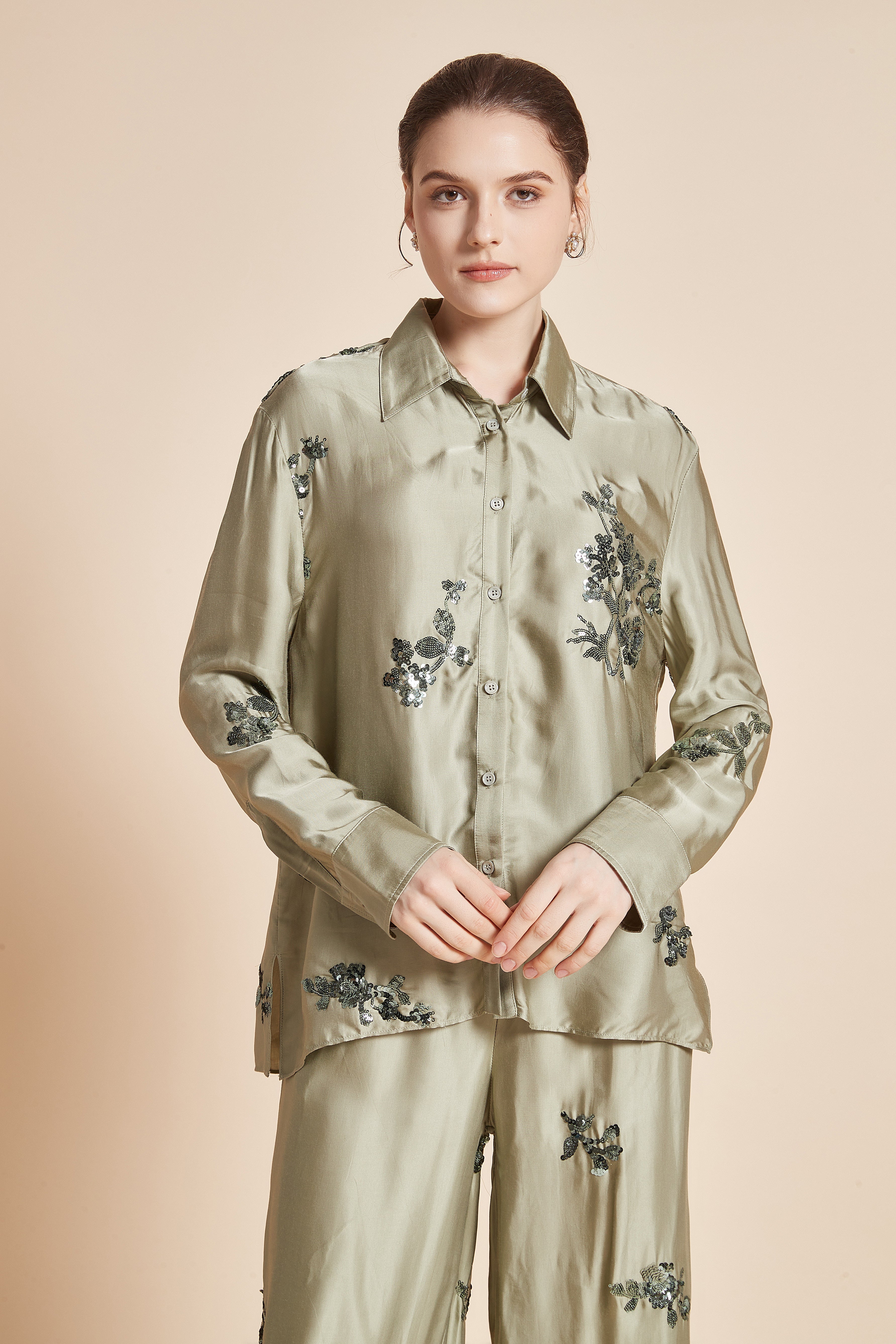 Yola Floral Embroidered Blouse with Long Sleeves, Collar, and Front Buttons