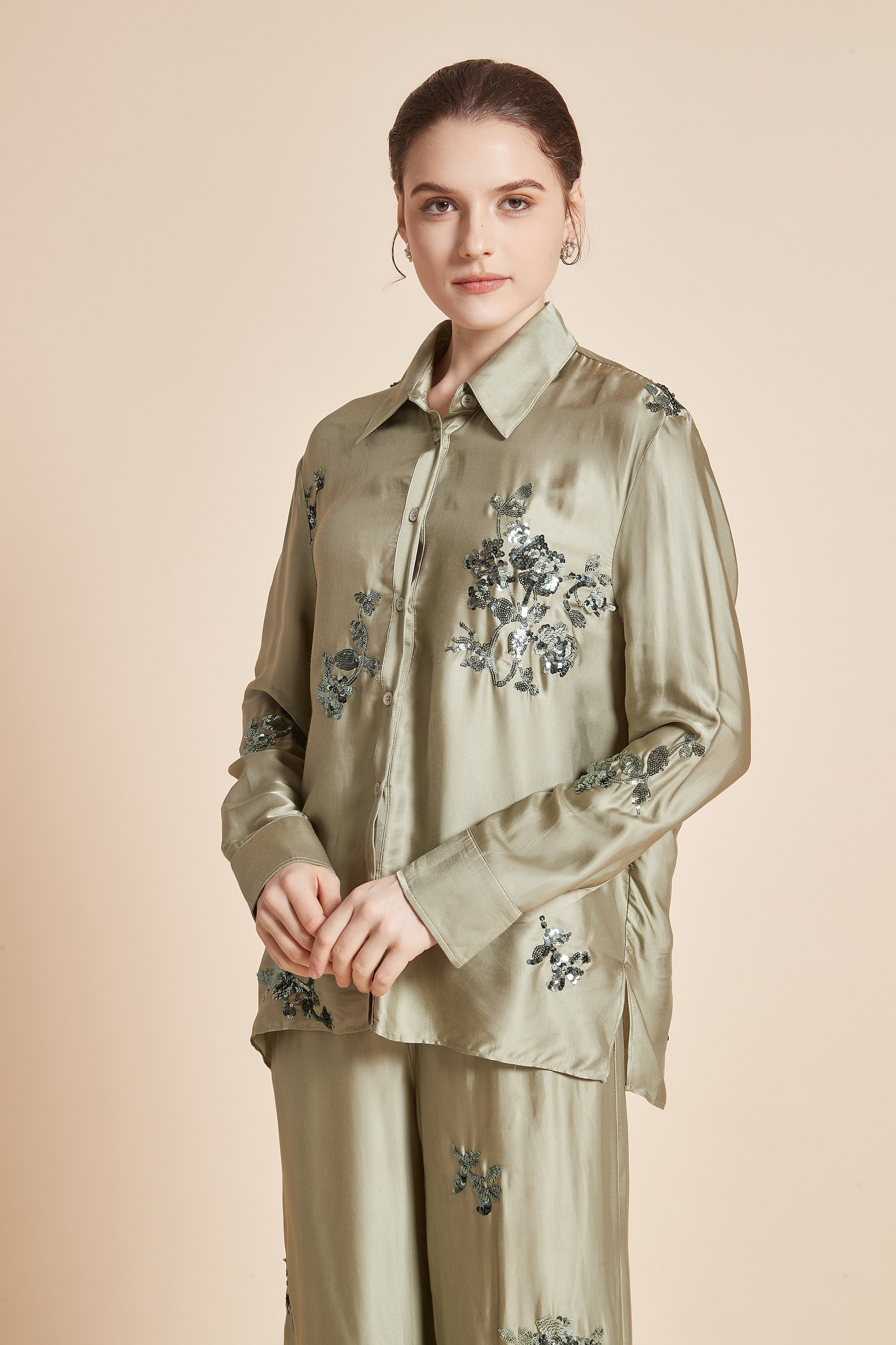 Yola Floral Embroidered Blouse with Long Sleeves, Collar, and Front Buttons