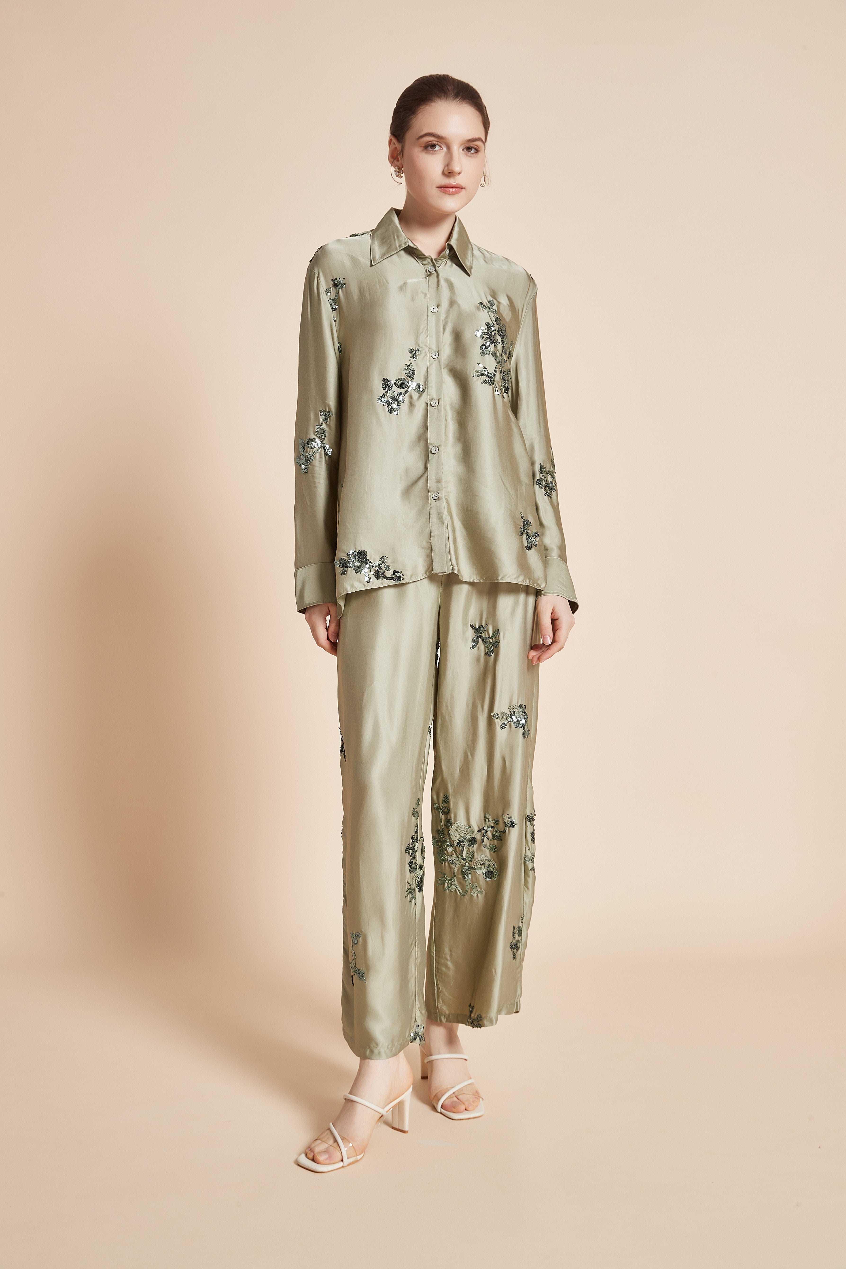 Yola Floral Embroidered Blouse with Long Sleeves, Collar, and Front Buttons