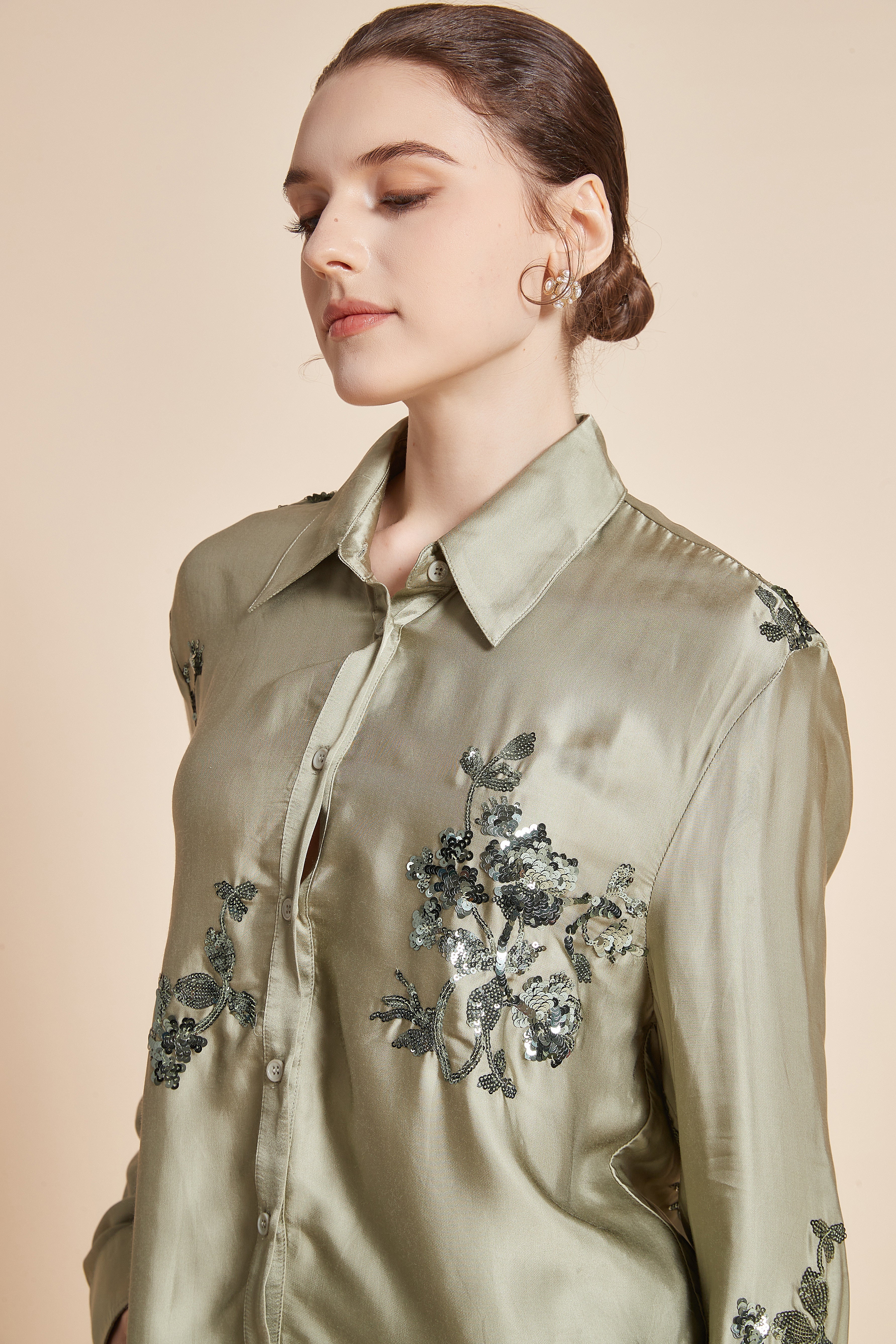 Yola Floral Embroidered Blouse with Long Sleeves, Collar, and Front Buttons