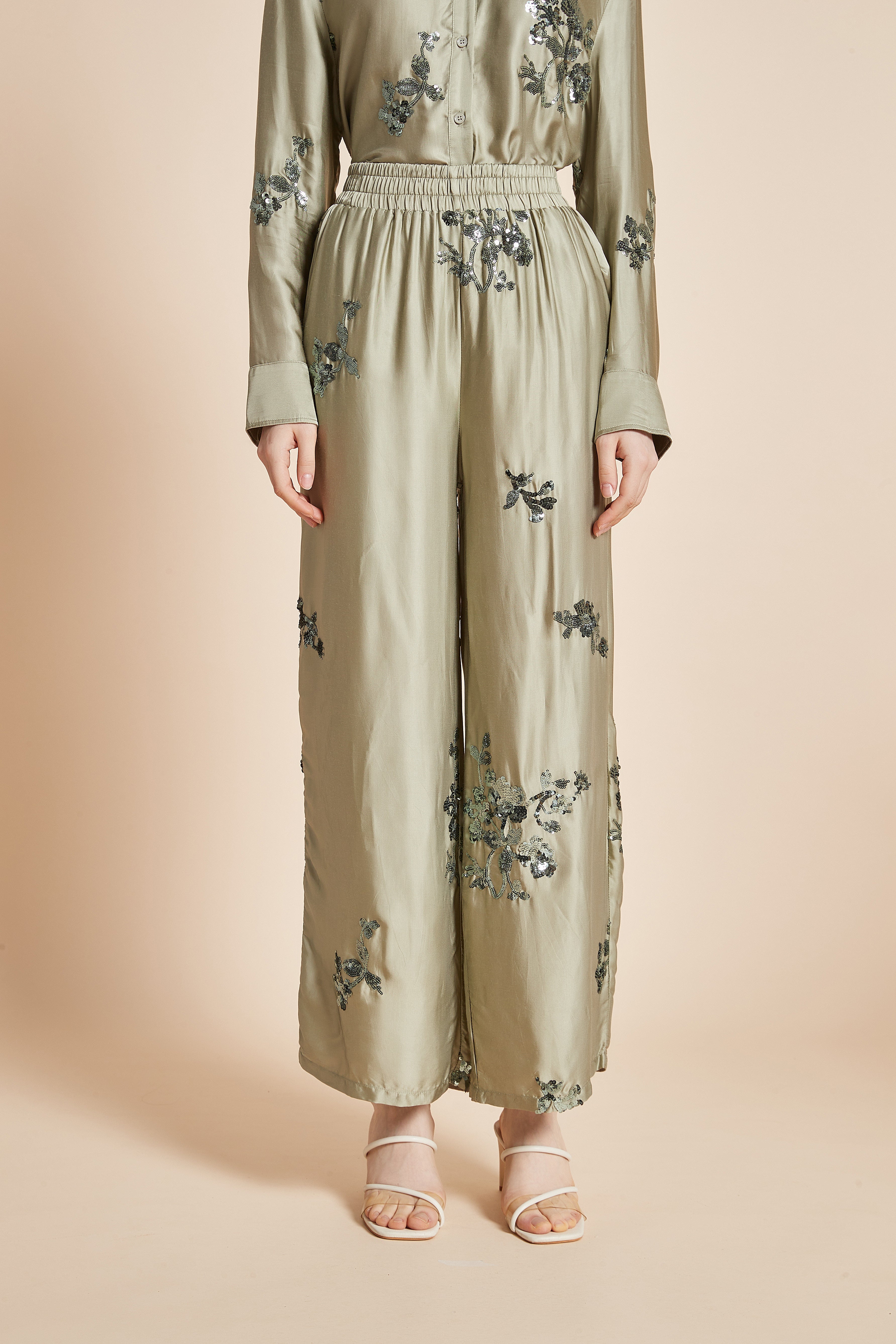 Yola Pants with Rose Embroidery, Long Wide Legs