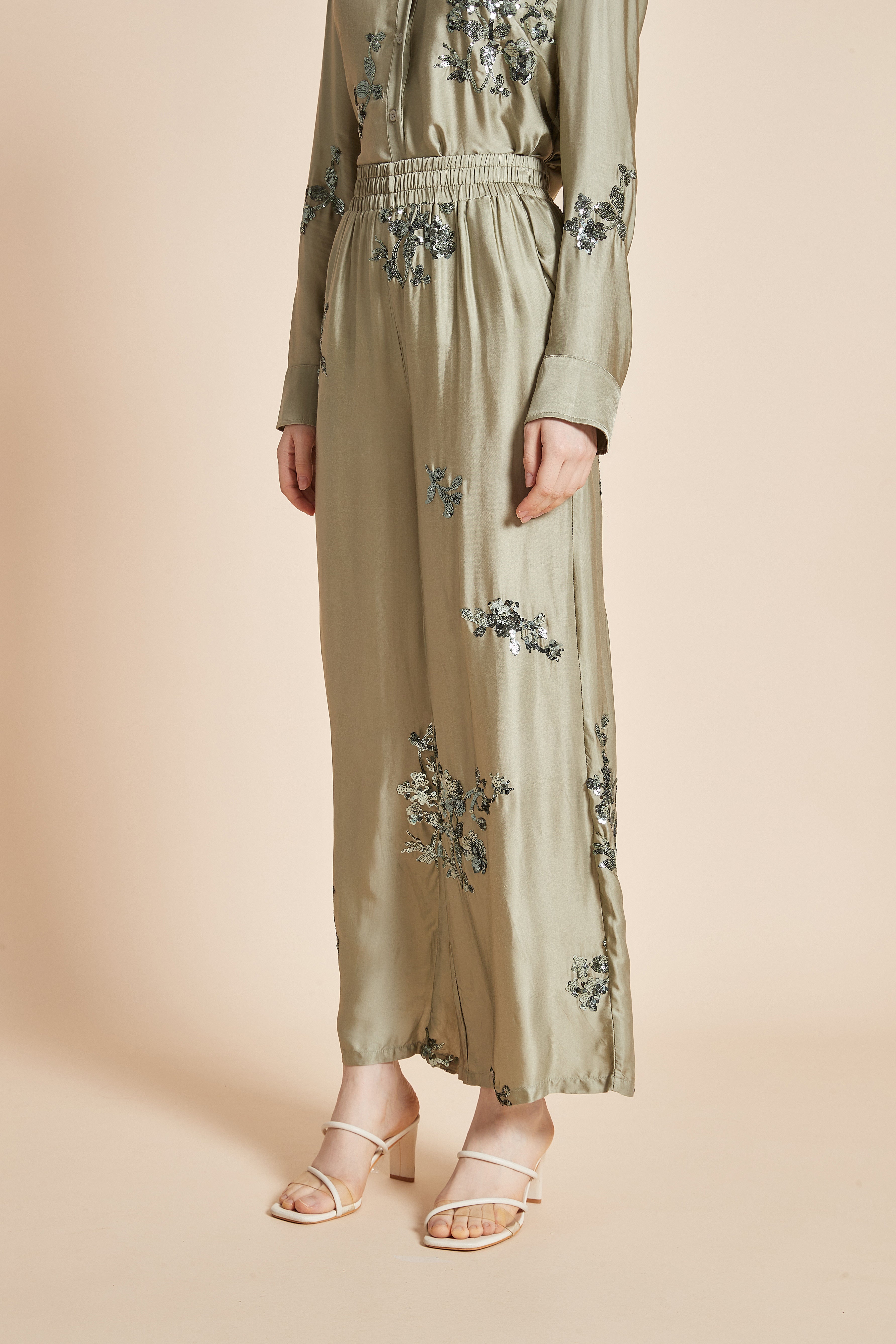 Yola Pants with Rose Embroidery, Long Wide Legs