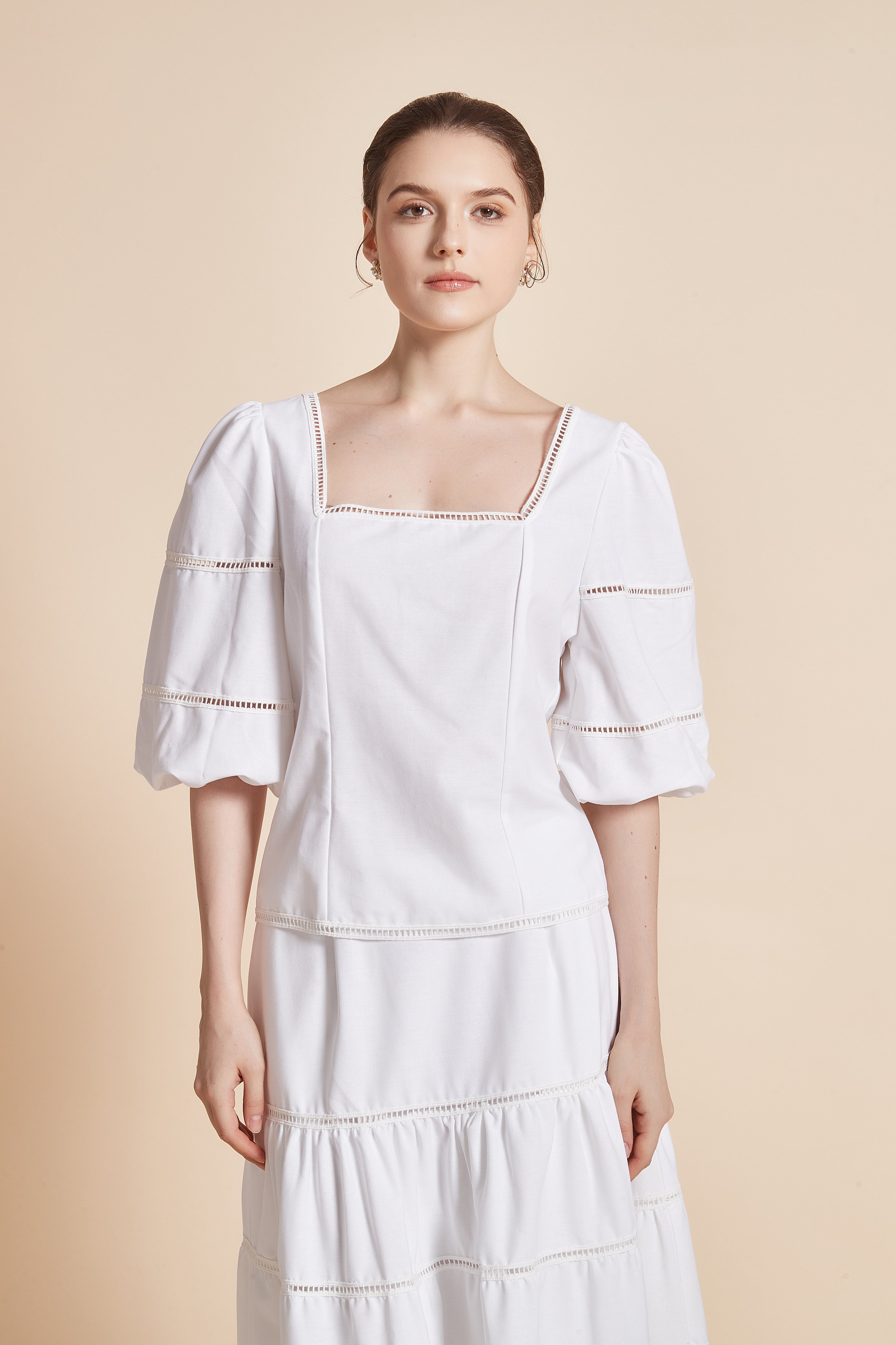 Yola 3/4 Sleeve Blouse with Square Neckline and Puff Sleeves