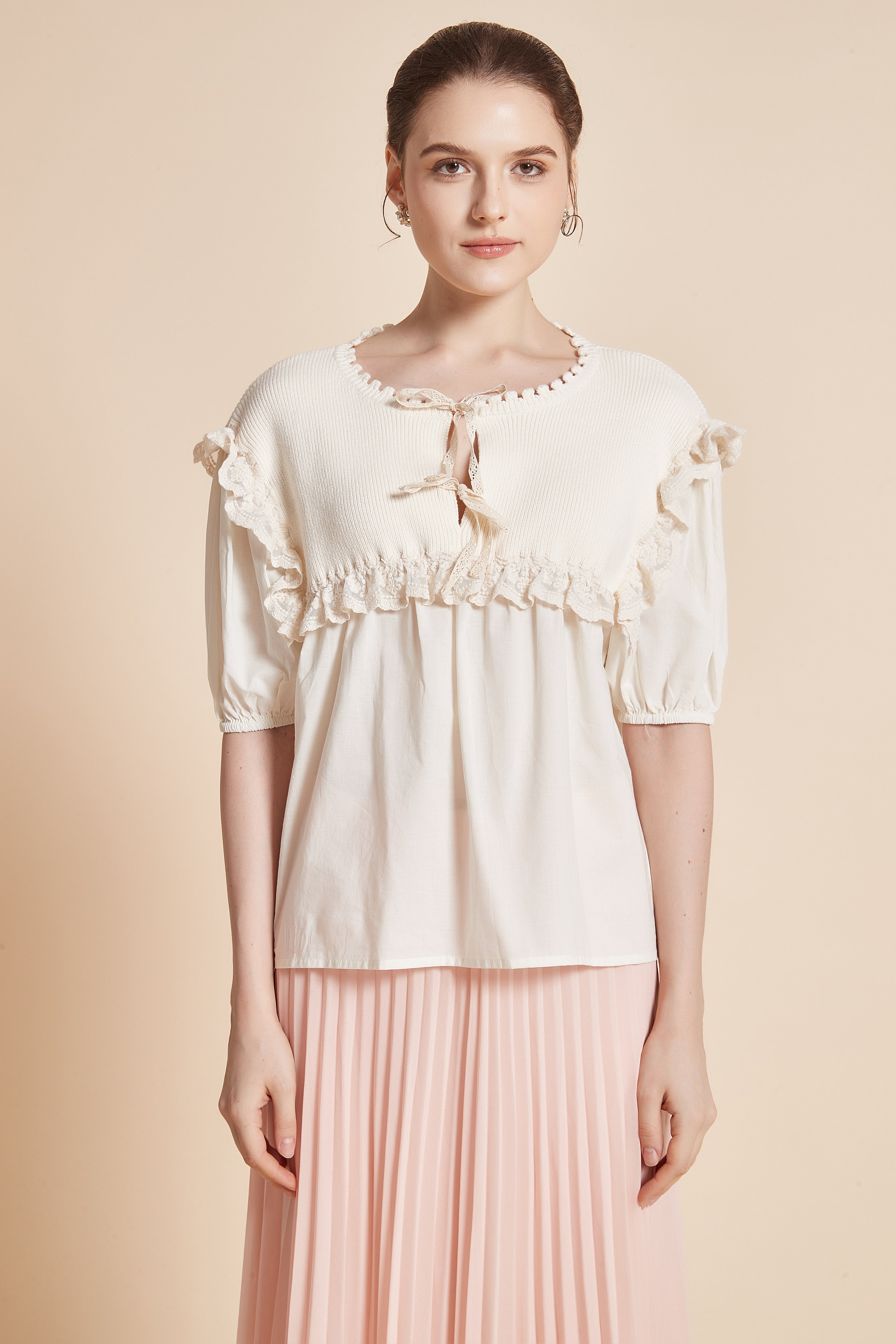 Yola Half-Sleeve Blouse with Round Neck and Ruffles on Shoulders and Chest