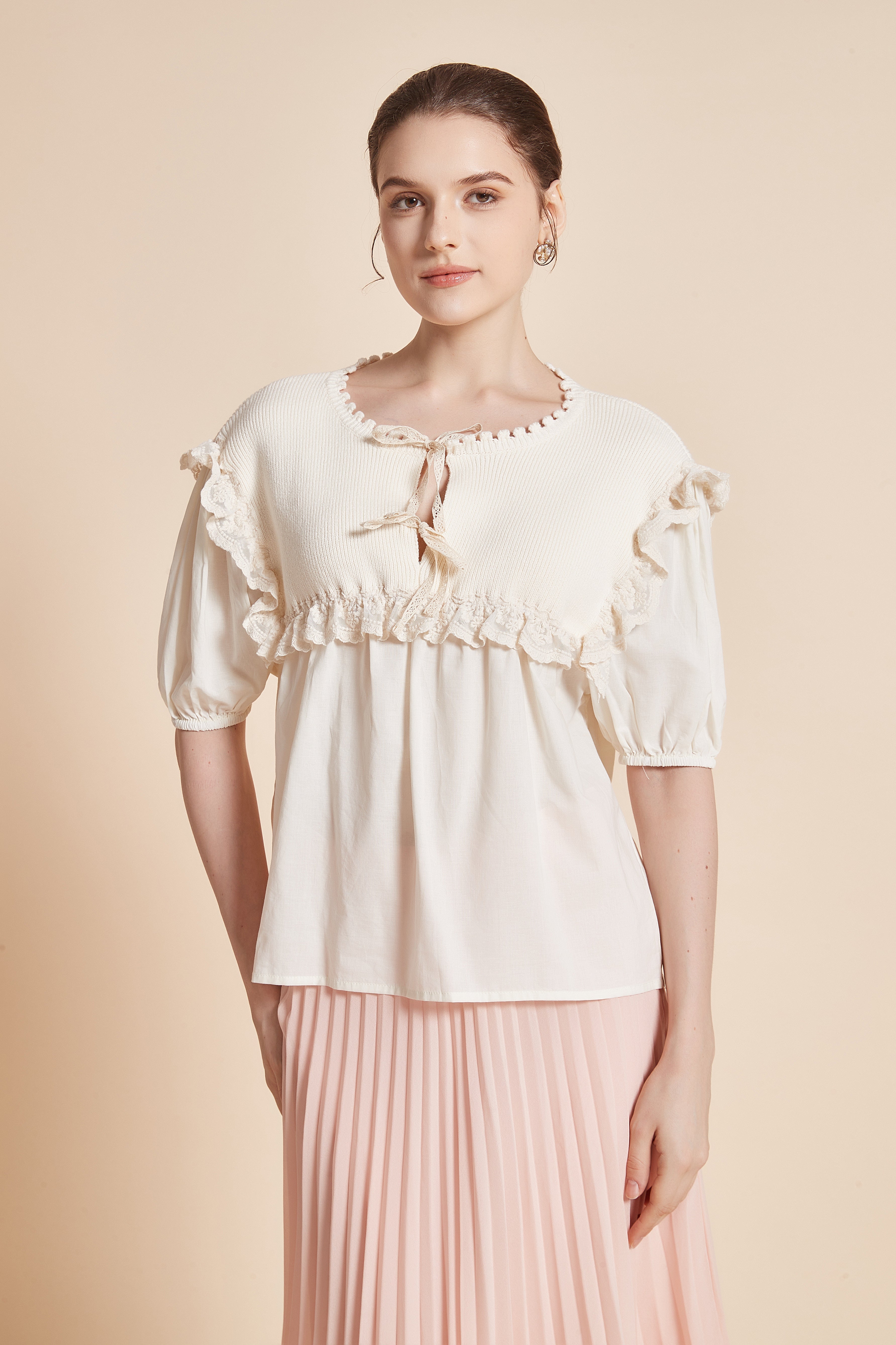 Yola Half-Sleeve Blouse with Round Neck and Ruffles on Shoulders and Chest