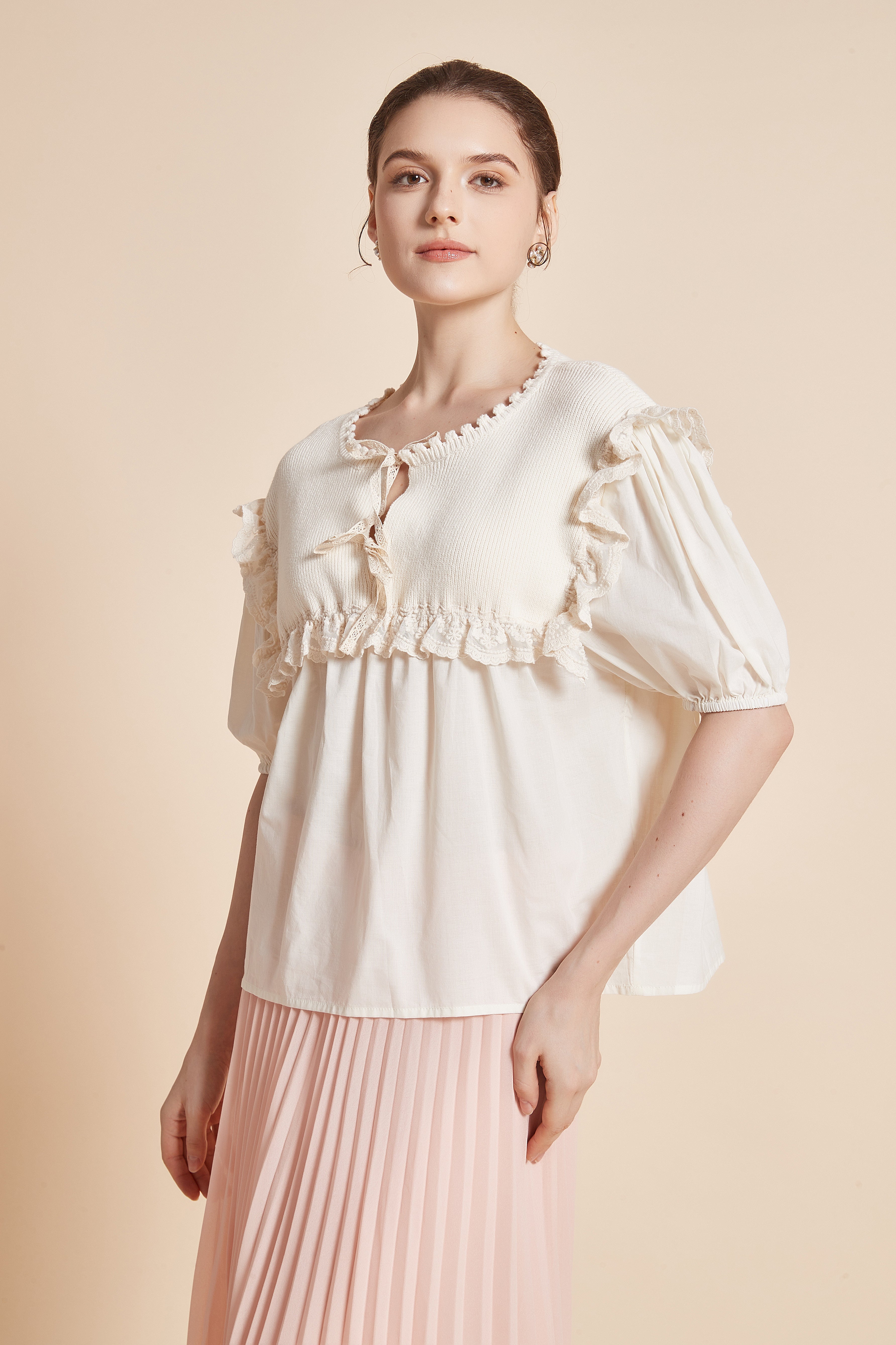 Yola Half-Sleeve Blouse with Round Neck and Ruffles on Shoulders and Chest