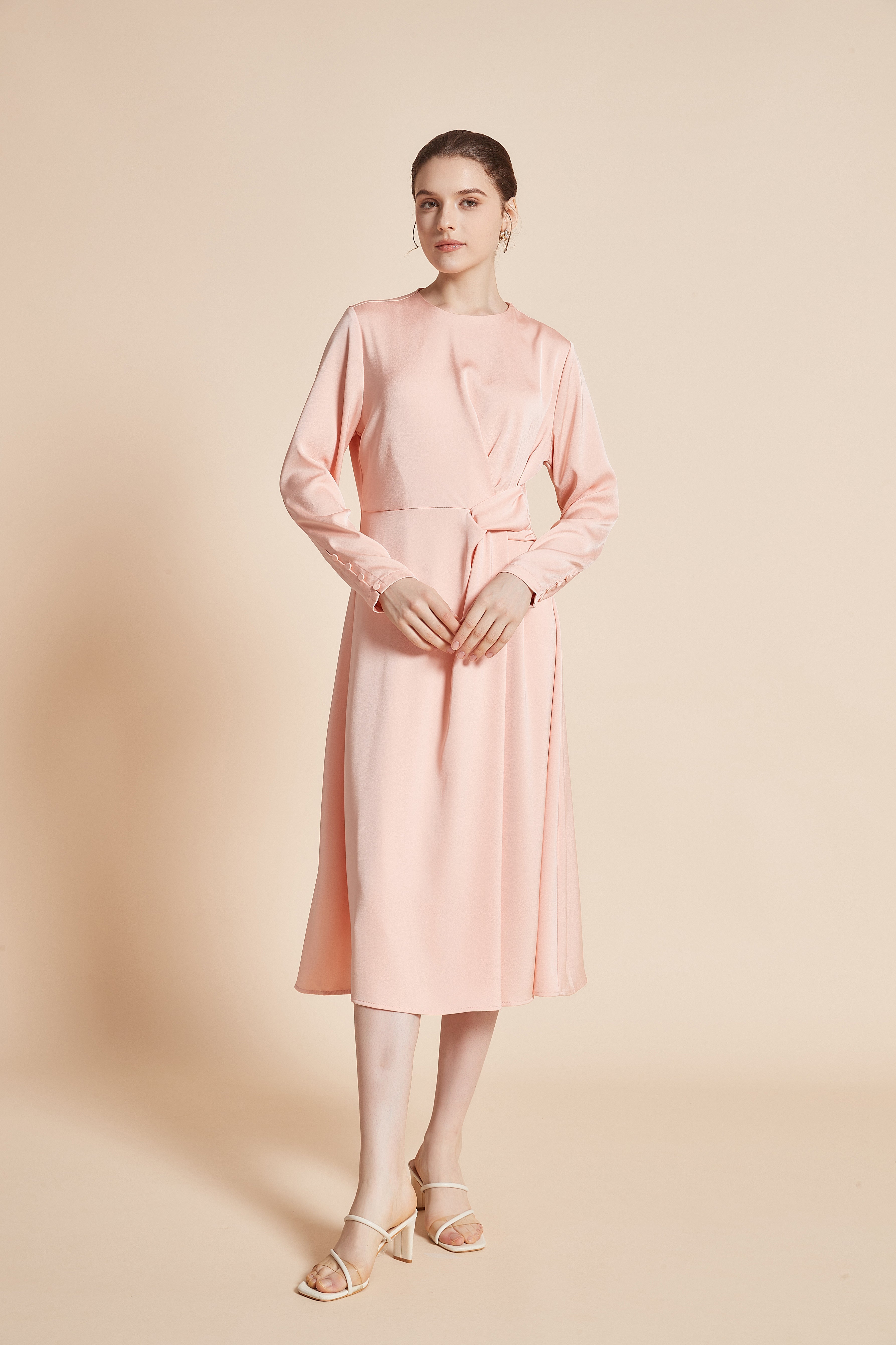 Yola Plain Midi Wrap Dress with Long Sleeves