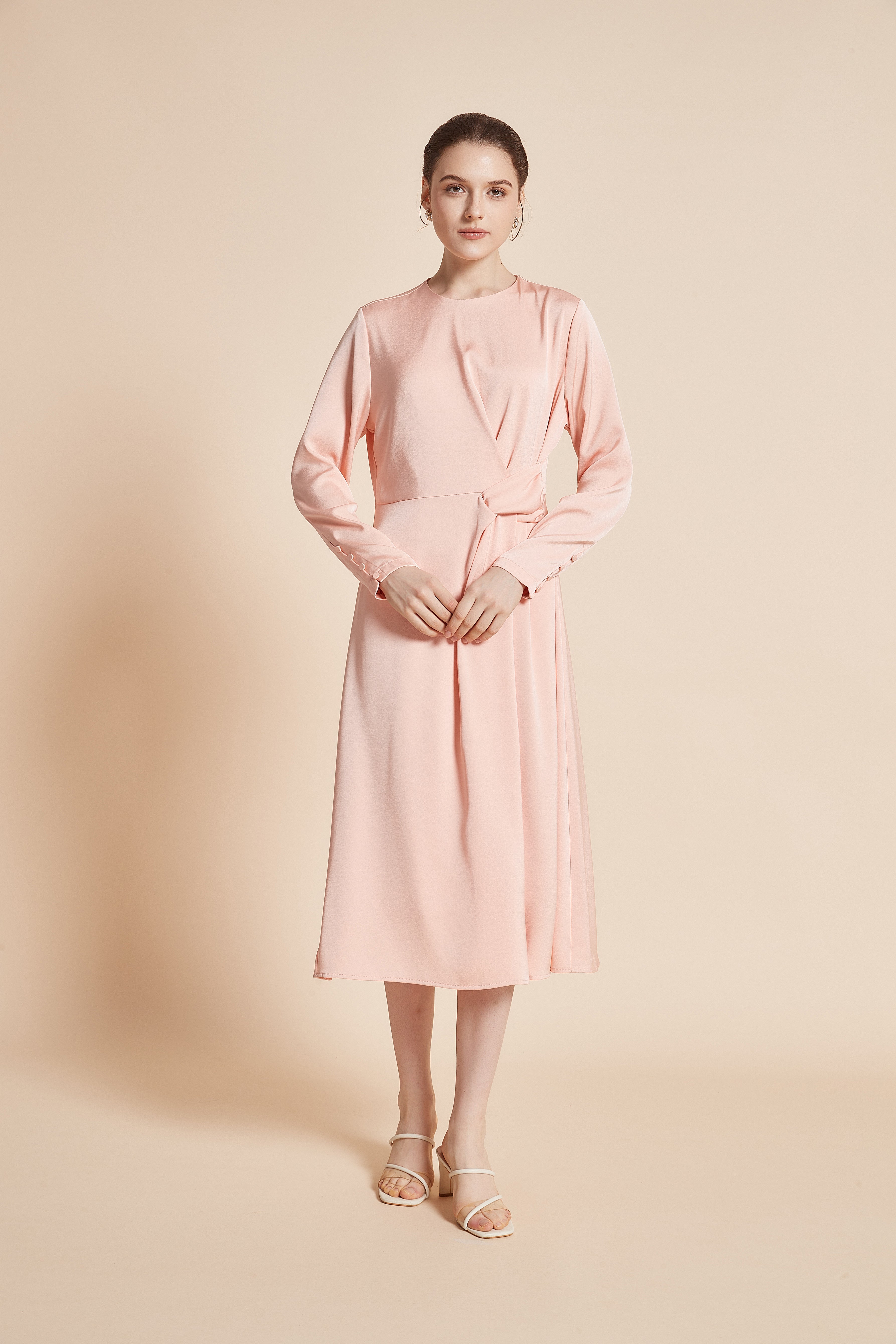 Yola Plain Midi Wrap Dress with Long Sleeves