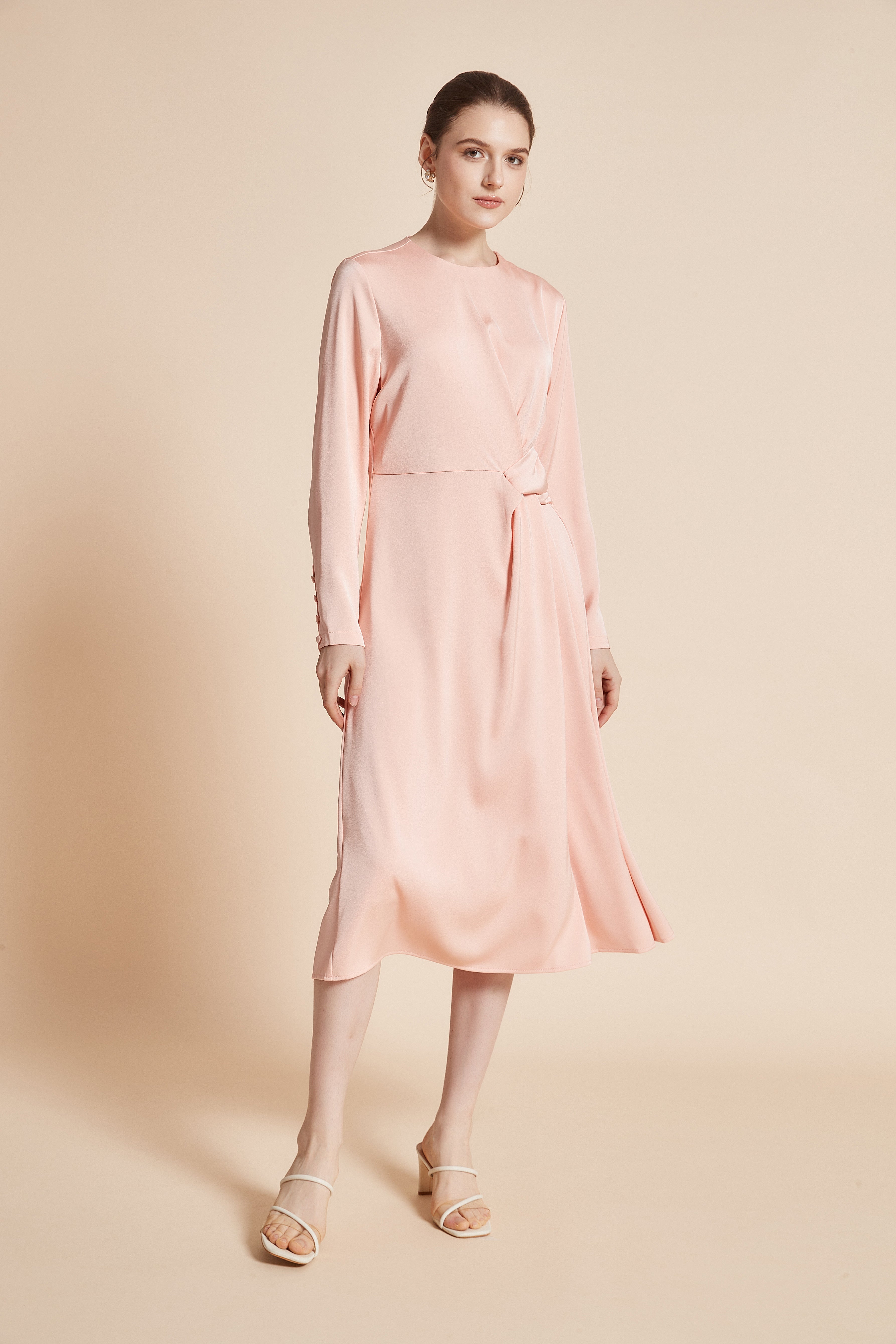 Yola Plain Midi Wrap Dress with Long Sleeves