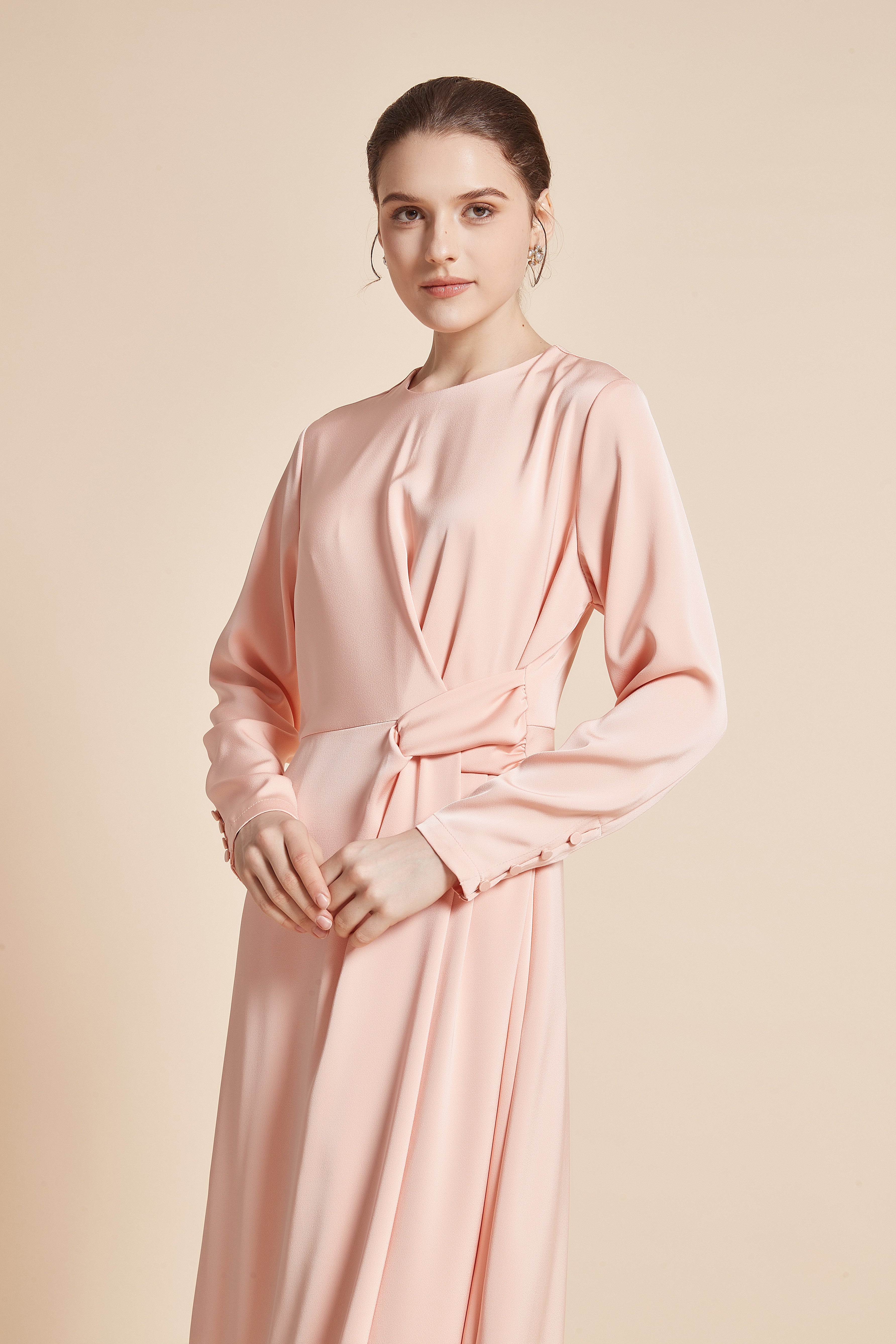 Yola Plain Midi Wrap Dress with Long Sleeves