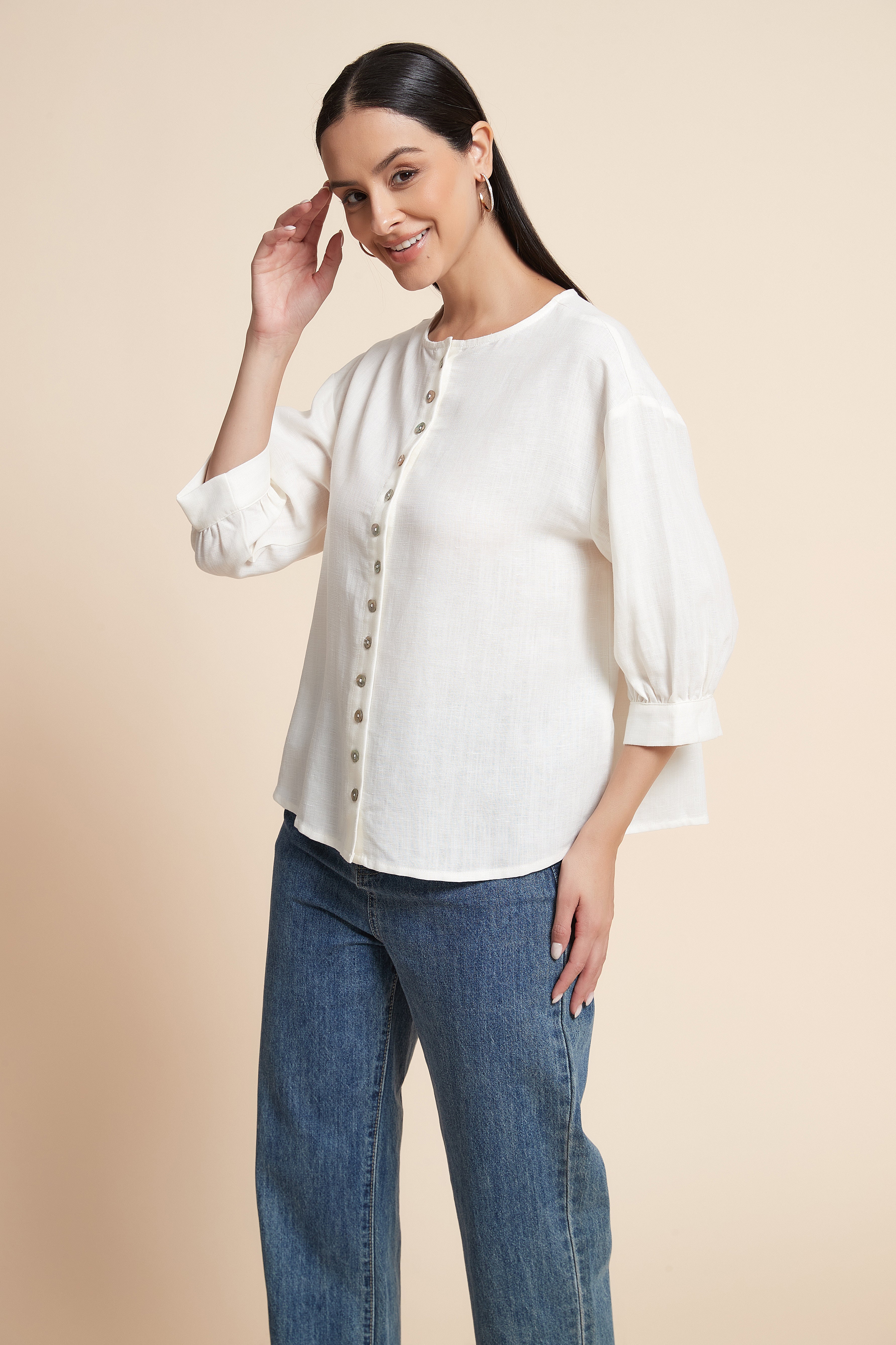 3/4 Sleeve Button-Front Blouse