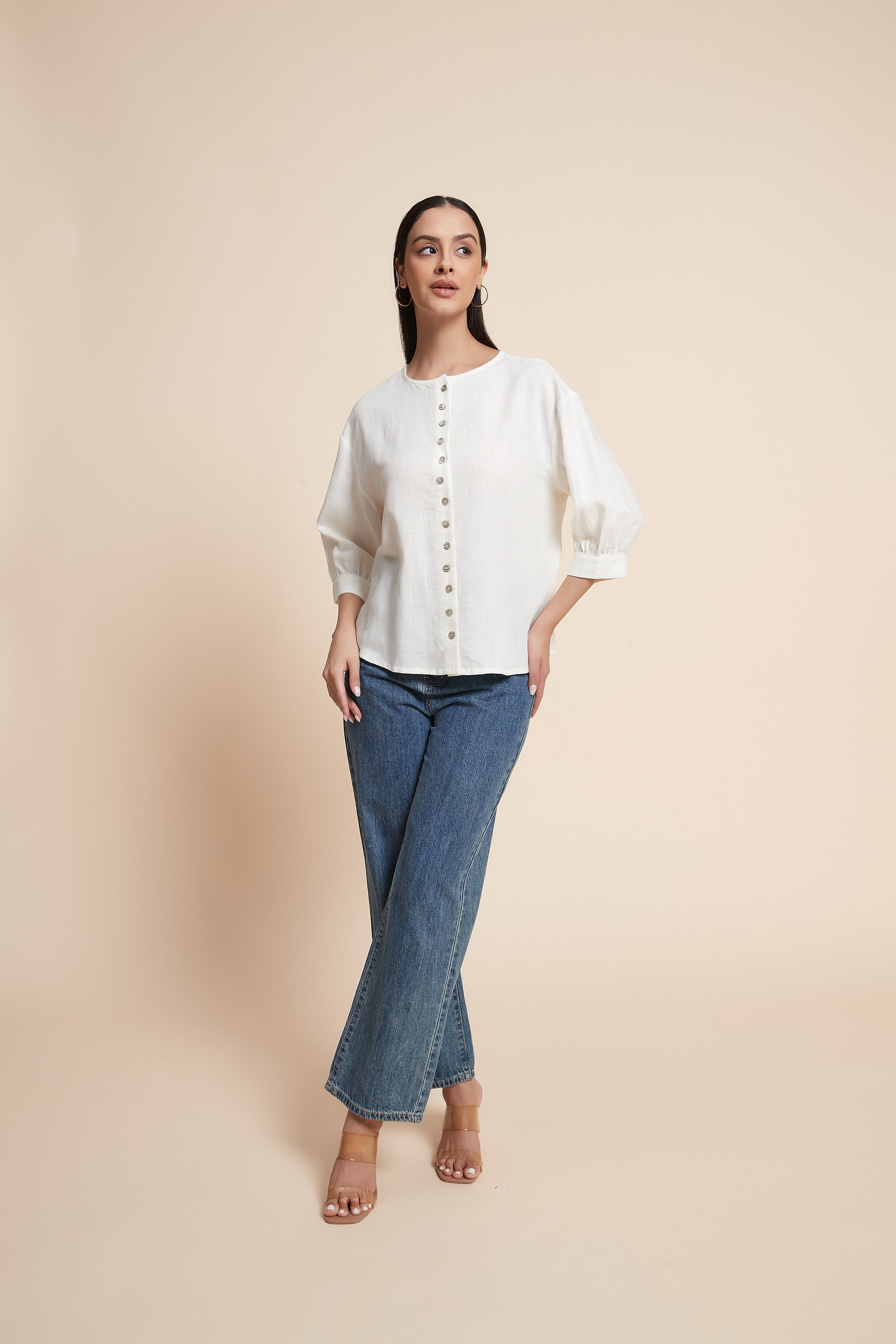 3/4 Sleeve Button-Front Blouse