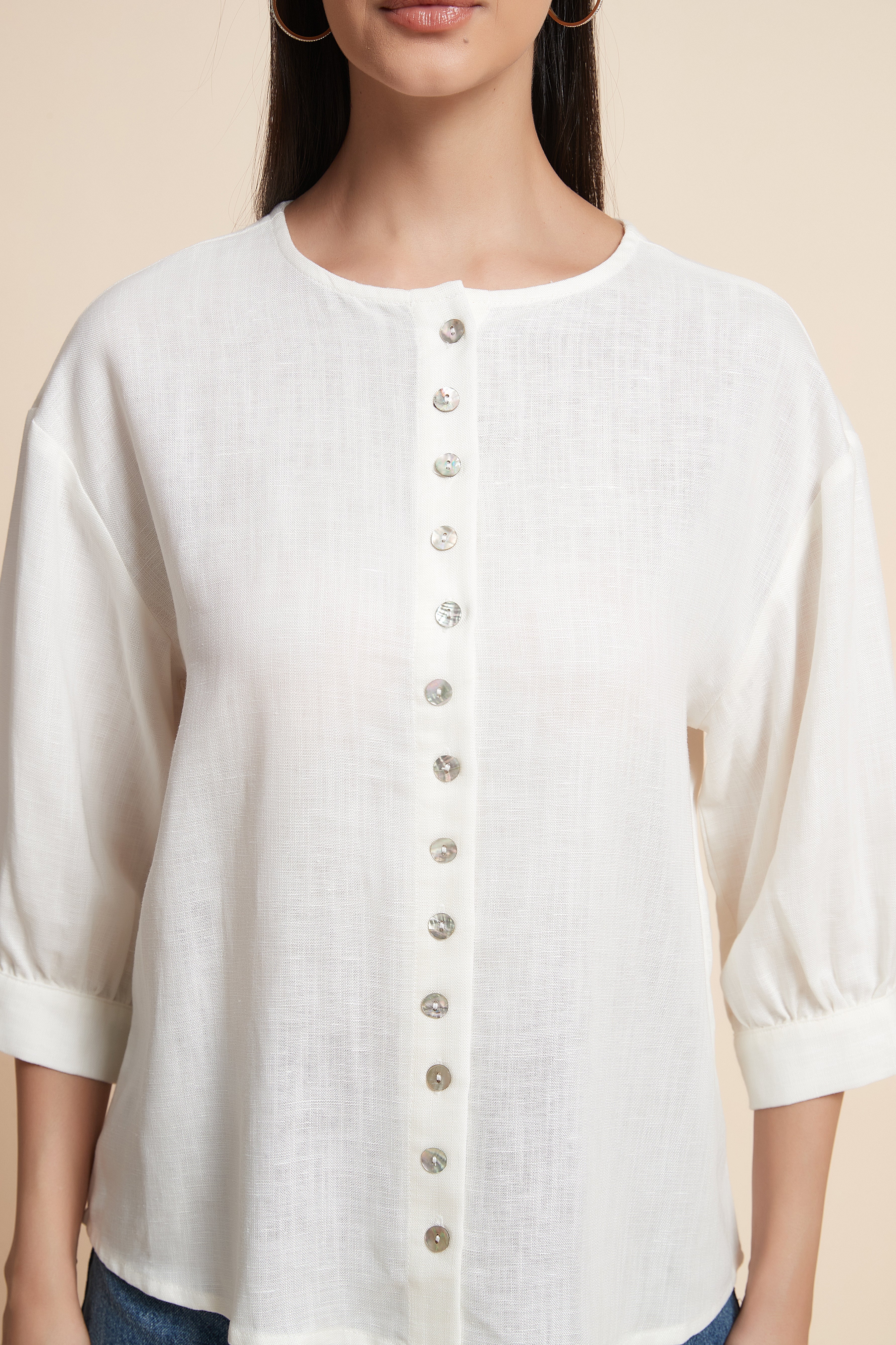 3/4 Sleeve Button-Front Blouse